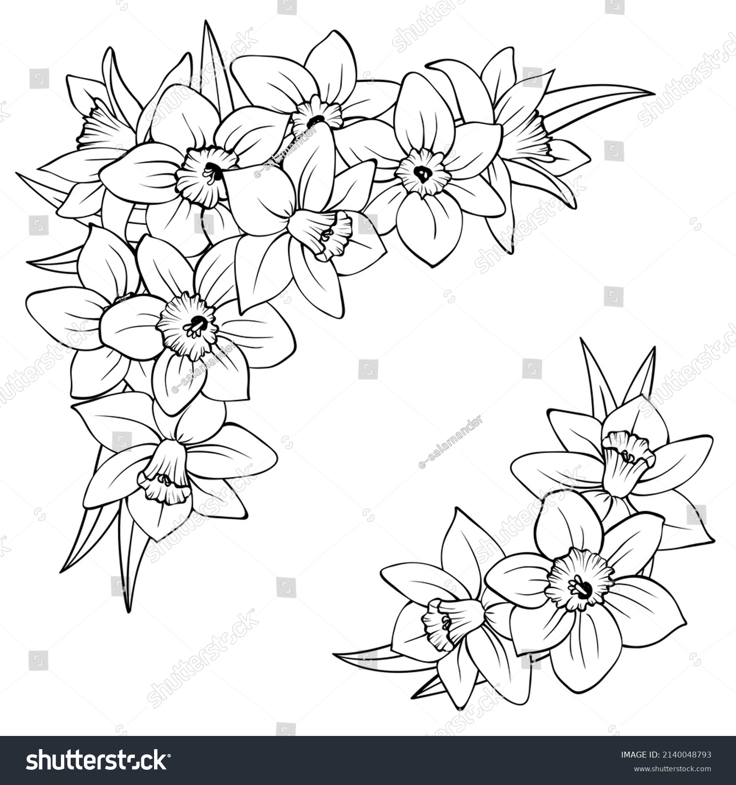 SVG of Corner composition of narcissus flowers isolated on white. Daffodils outline hand drawn sketch, few buds and leaves. Vector decorative element for floral design, wedding or greeting card. svg
