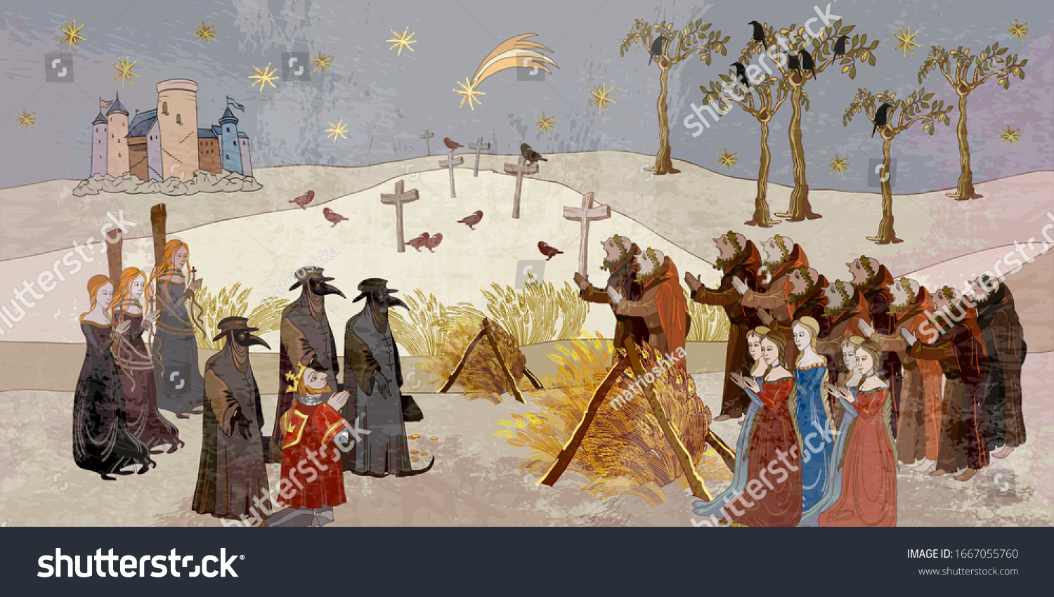 SVG of Coronavirus art. Plague epidemic. Terrible doctors. Medieval scene. World pestilence. Ancient book illustration. Middle Ages parchment style  svg