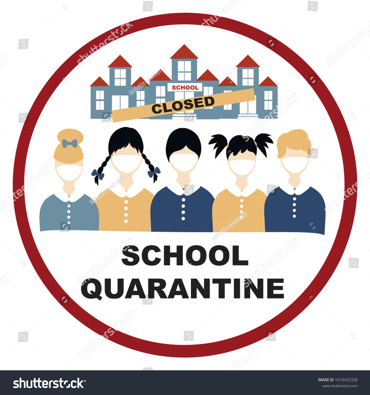 Coronavirus, Closing school, quarantine red sign, coronavirus concept Novel coronavirus 2019-nCoV, covid-19, schoolchildren in white medical face mask and the school building with the sign is closed