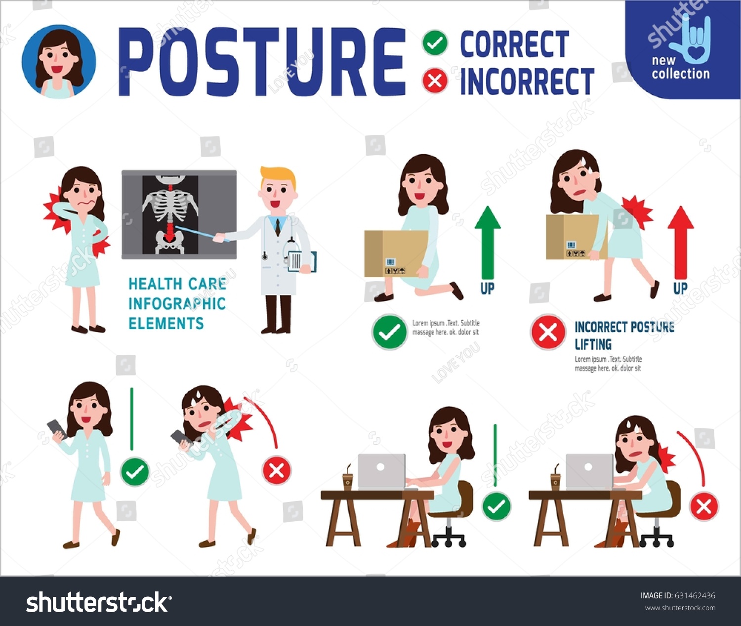 Correct Incorrect Posture Sitting Lifting Walking Stock Vector 631462436 Shutterstock