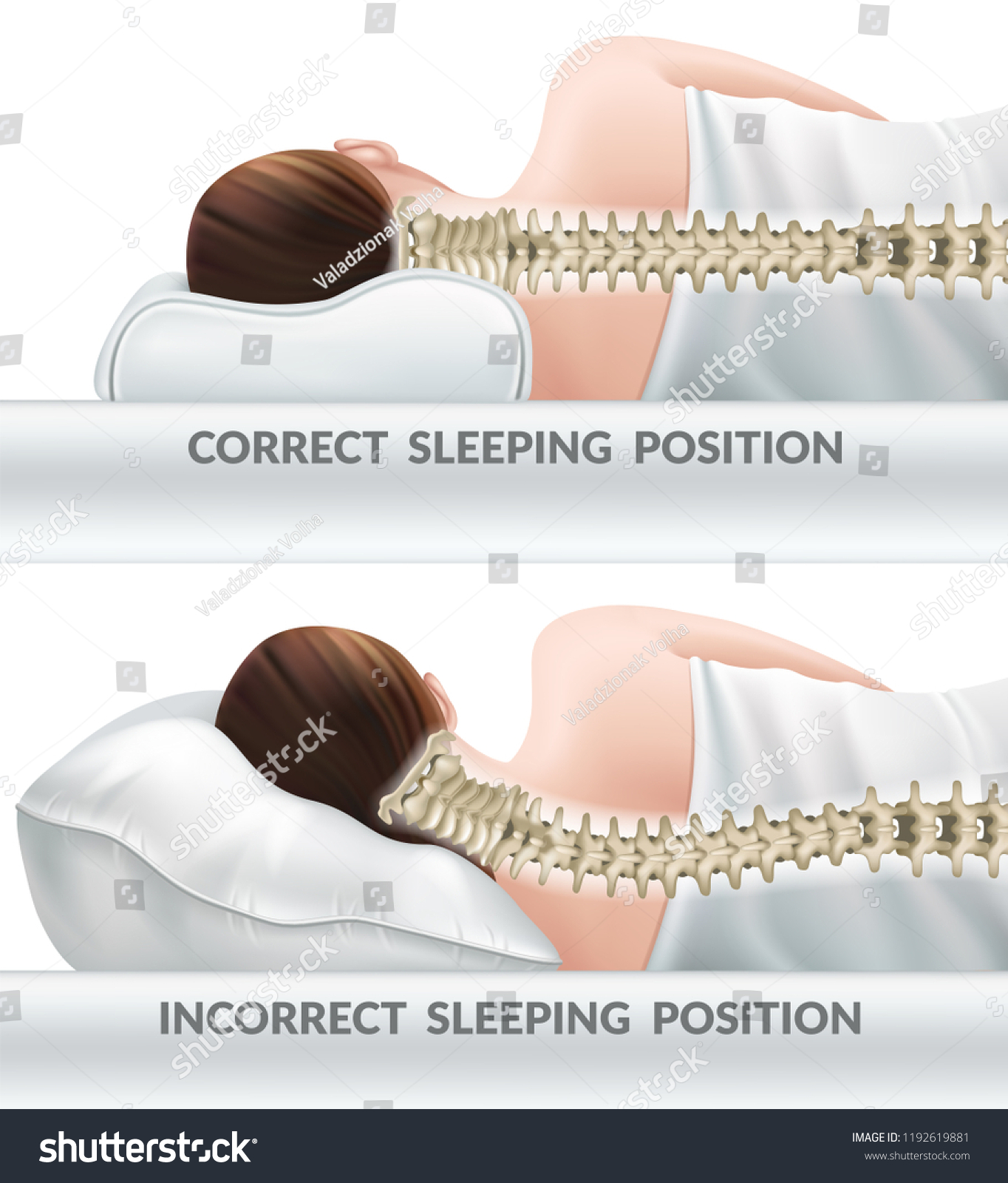 SVG of Correct and incorrect sleeping poses. Right and wrong position cervical vertebrae on different pillows. Caring for health of neck. 3d realistic vector illustration. svg