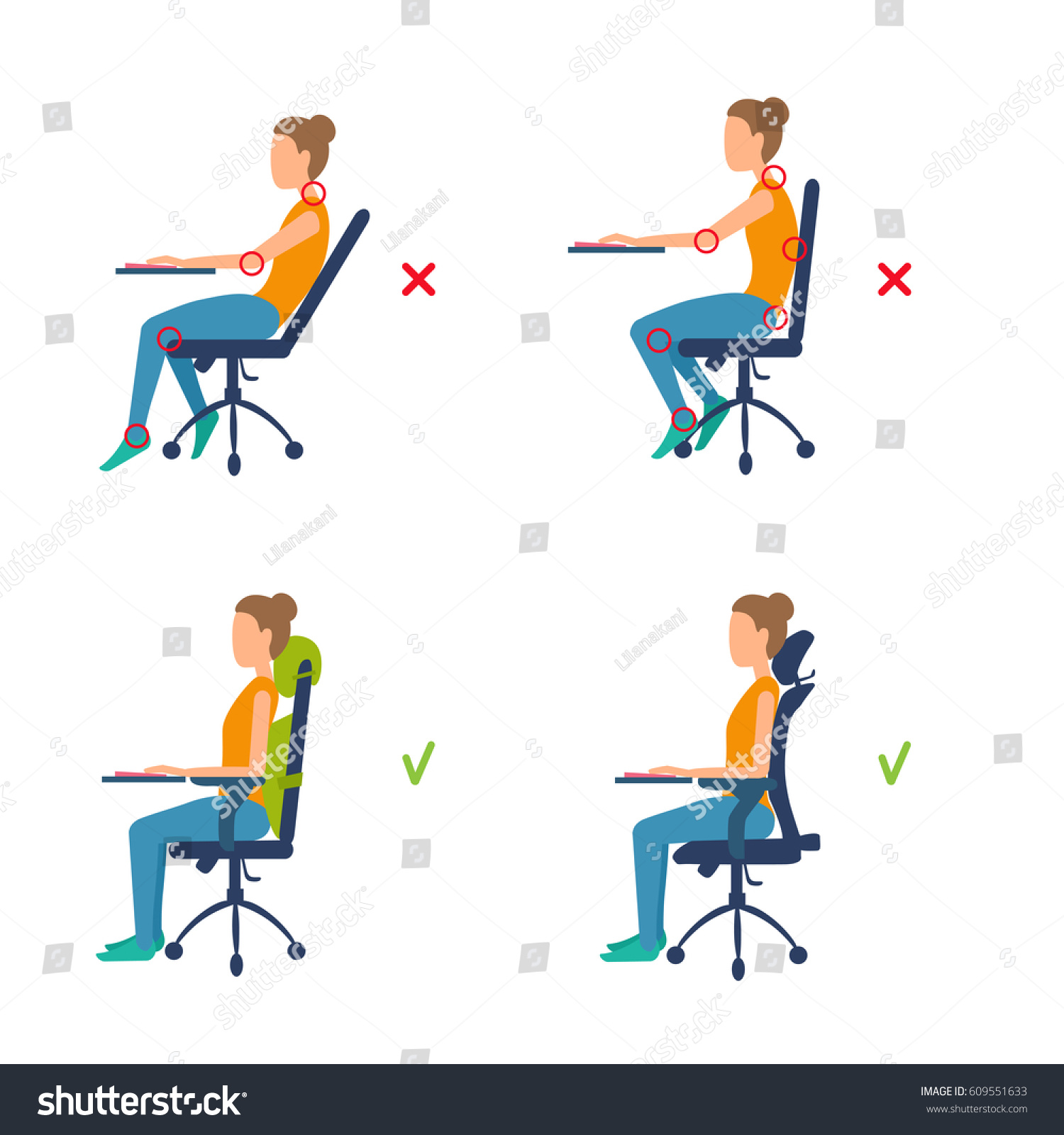 SVG of Correct, incorrect position sitting at table. Marks of pain in joints, muscles. Ergonomic orthopaedic pillow under lower back and neck. Right posture for a healthy back. Vector illustration isolated. svg