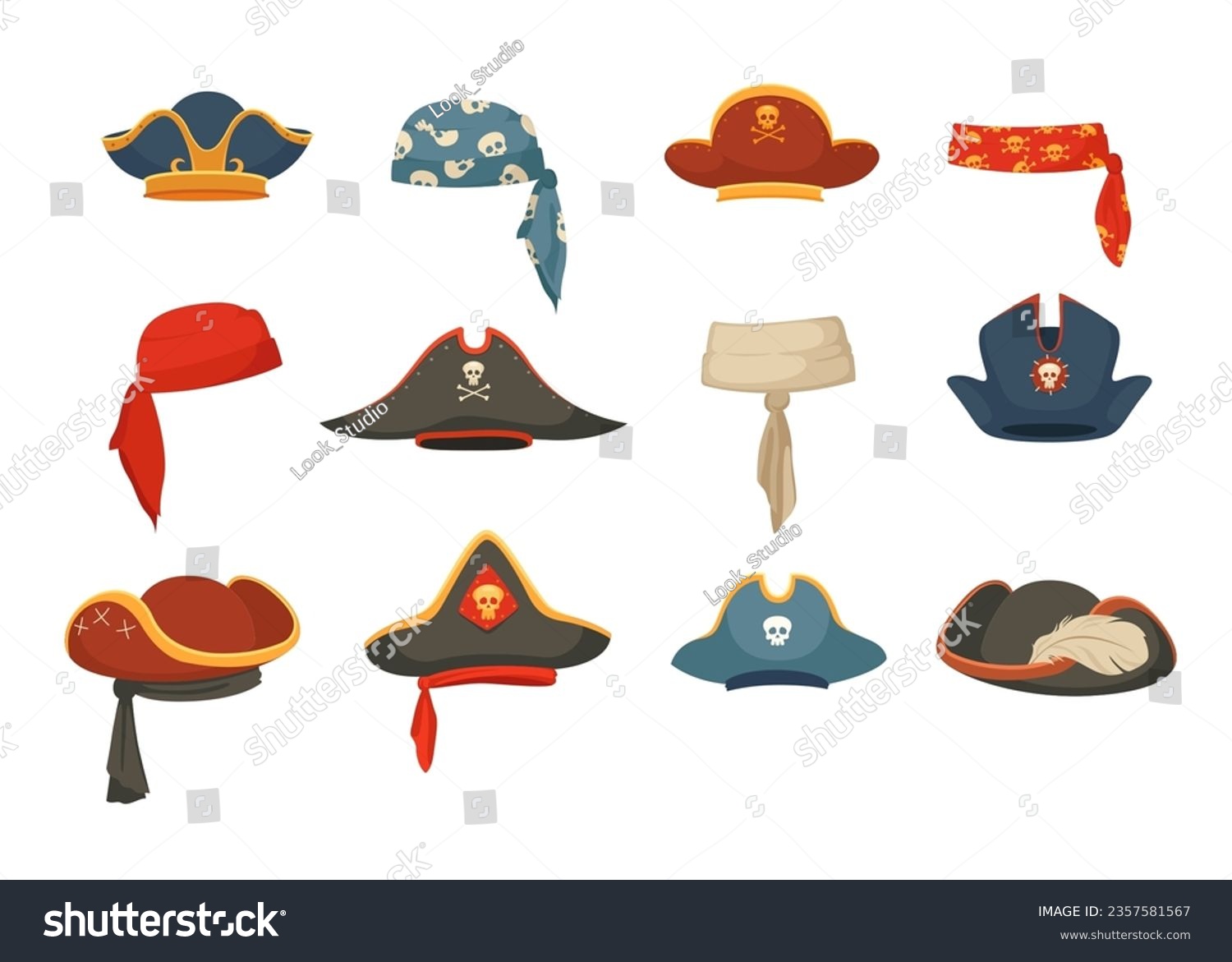 SVG of Corsair headgear, pirate hats, buccaneer bandana costume isolated set isolated on white background. Filibuster headdress, sea sailor cap festive clothes accessory for children vector illustration svg