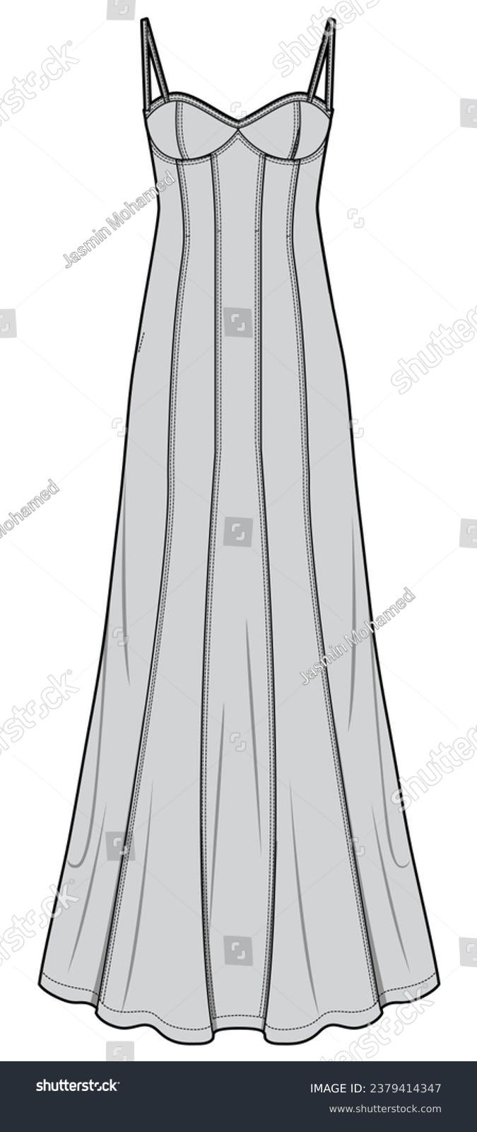 SVG of Corset Maxi Flared Dress, Corset Bridal Dress  Fashion Flat Sketch Vector Illustration, CAD, Technical Drawing, Flat Drawing, Template, Mockup. svg