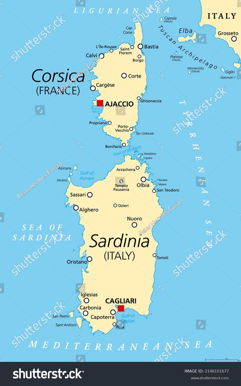 Corsica Sardinia Political Map French Italian Stock Vector (Royalty ...