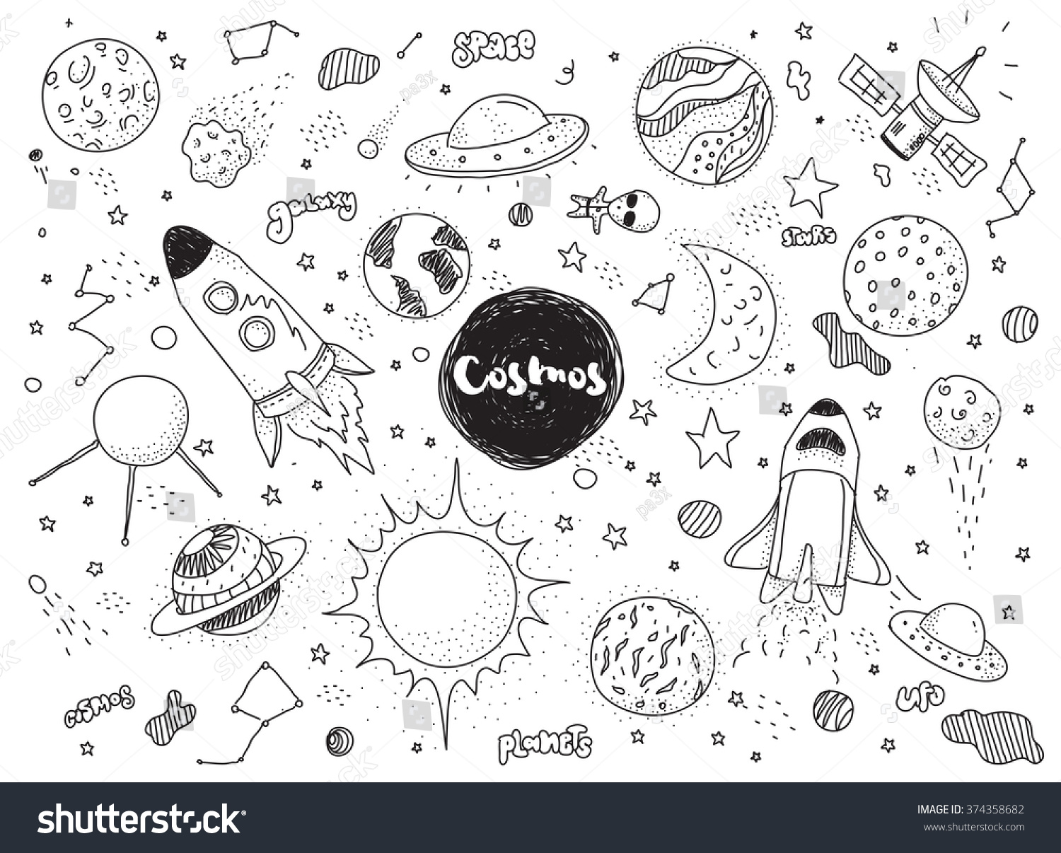 Cosmic Objects Set Hand Drawn Space Stock Vector (Royalty Free