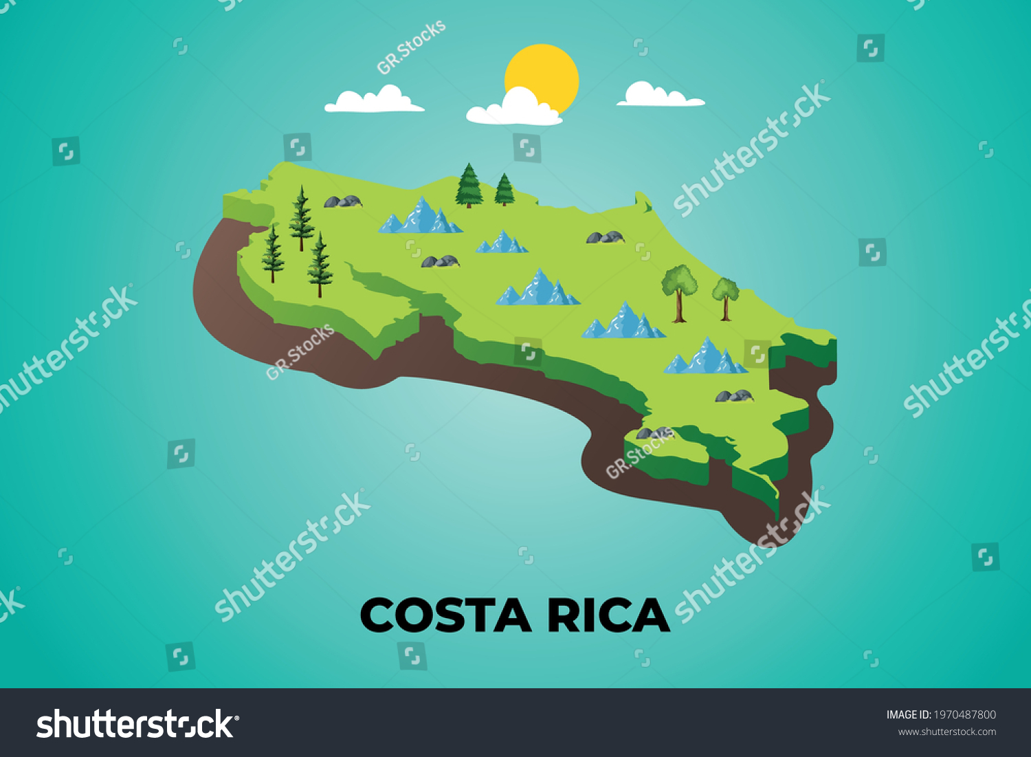 Costa Rica d Isometric Map Topographic vector de stock libre de regalías