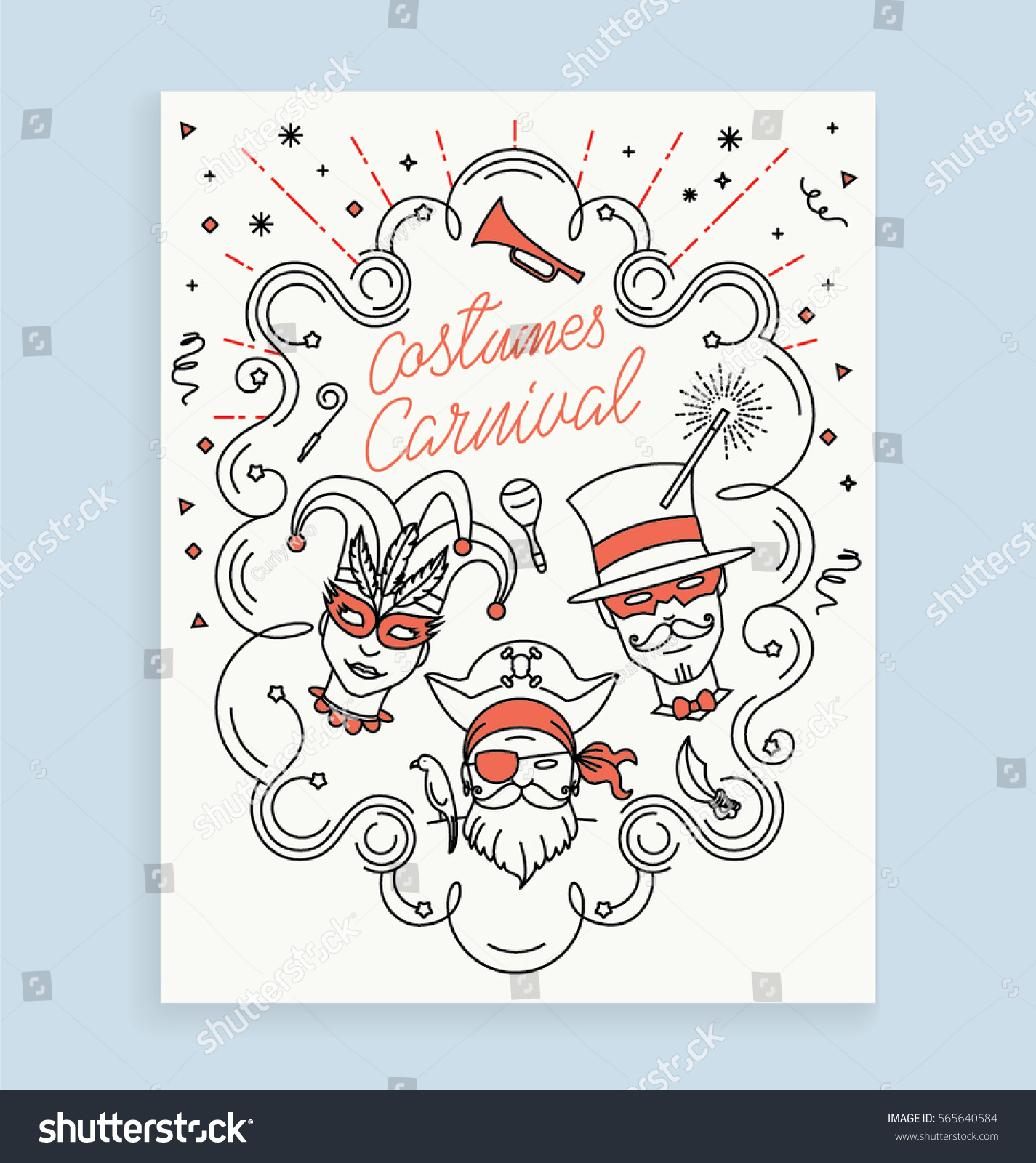 Line Art Card Design : Costumes carnival invitation card design iconic stock