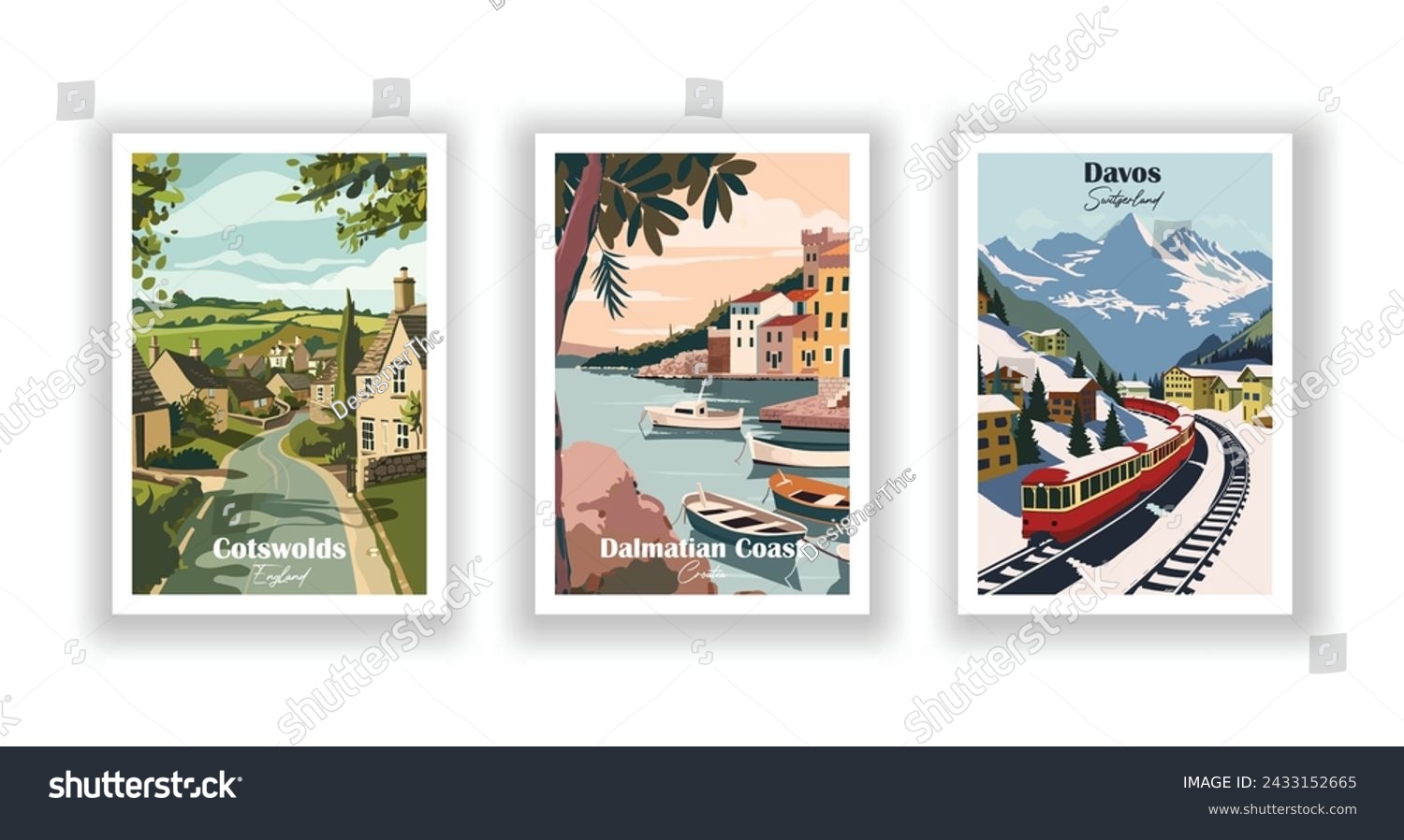SVG of Cotswolds, England. Dalmatian Coast, Croatia. Davos, Switzerland - Set of 3 Vintage Travel Posters. Vector illustration. High Quality Prints svg