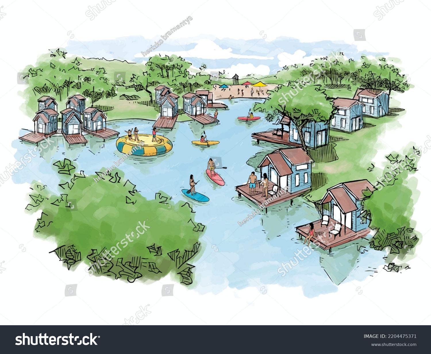 SVG of cottages, bungalow, resort,hotel by the lake as a summer vacation destination for family and friends. people having fun playing in water buoys, canoeing, paddling, etc. for airbnb, the innkeeper svg