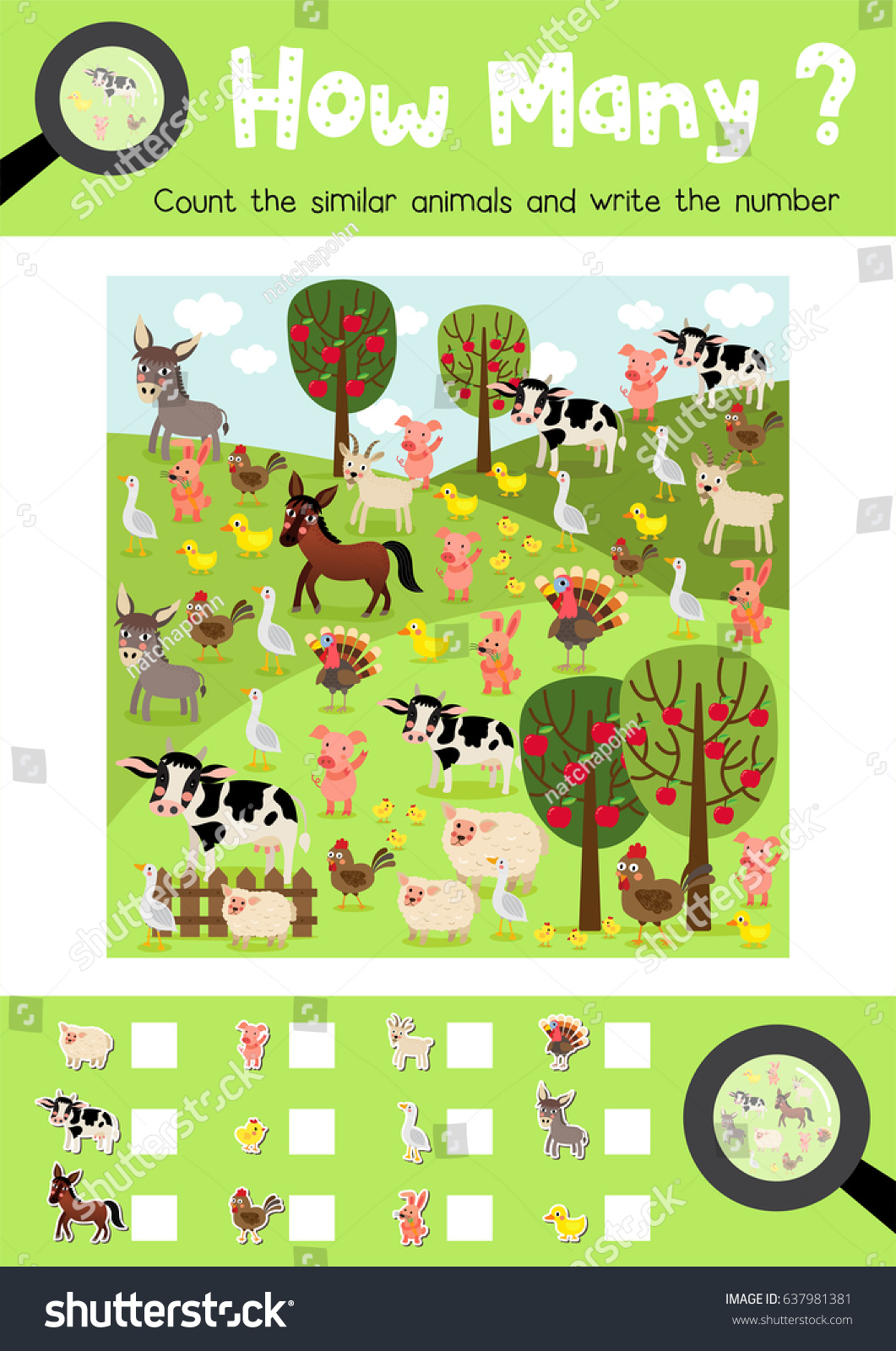 Counting Game Farm Animals Preschool Kids Stock Vector 637981381