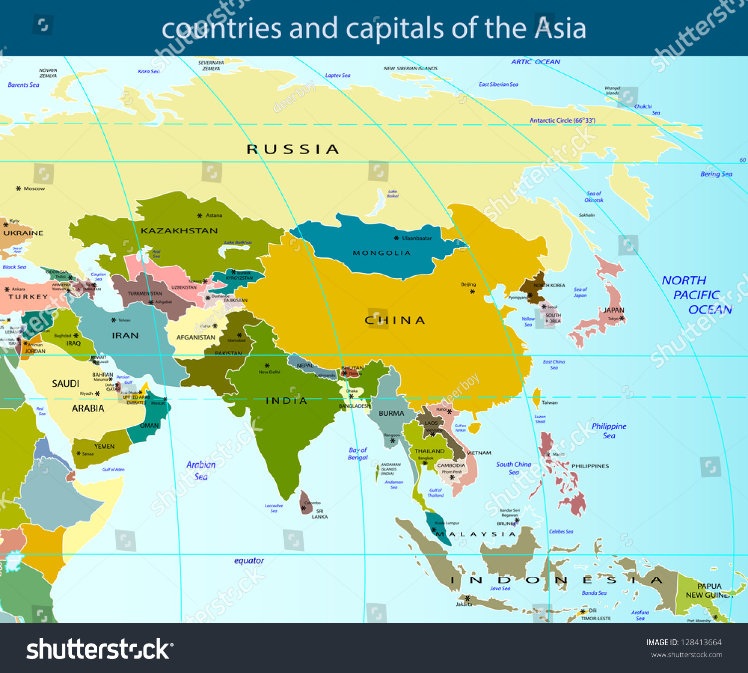 Countries And Capitals Of The Asia Vector Illustration - 128413664 ...