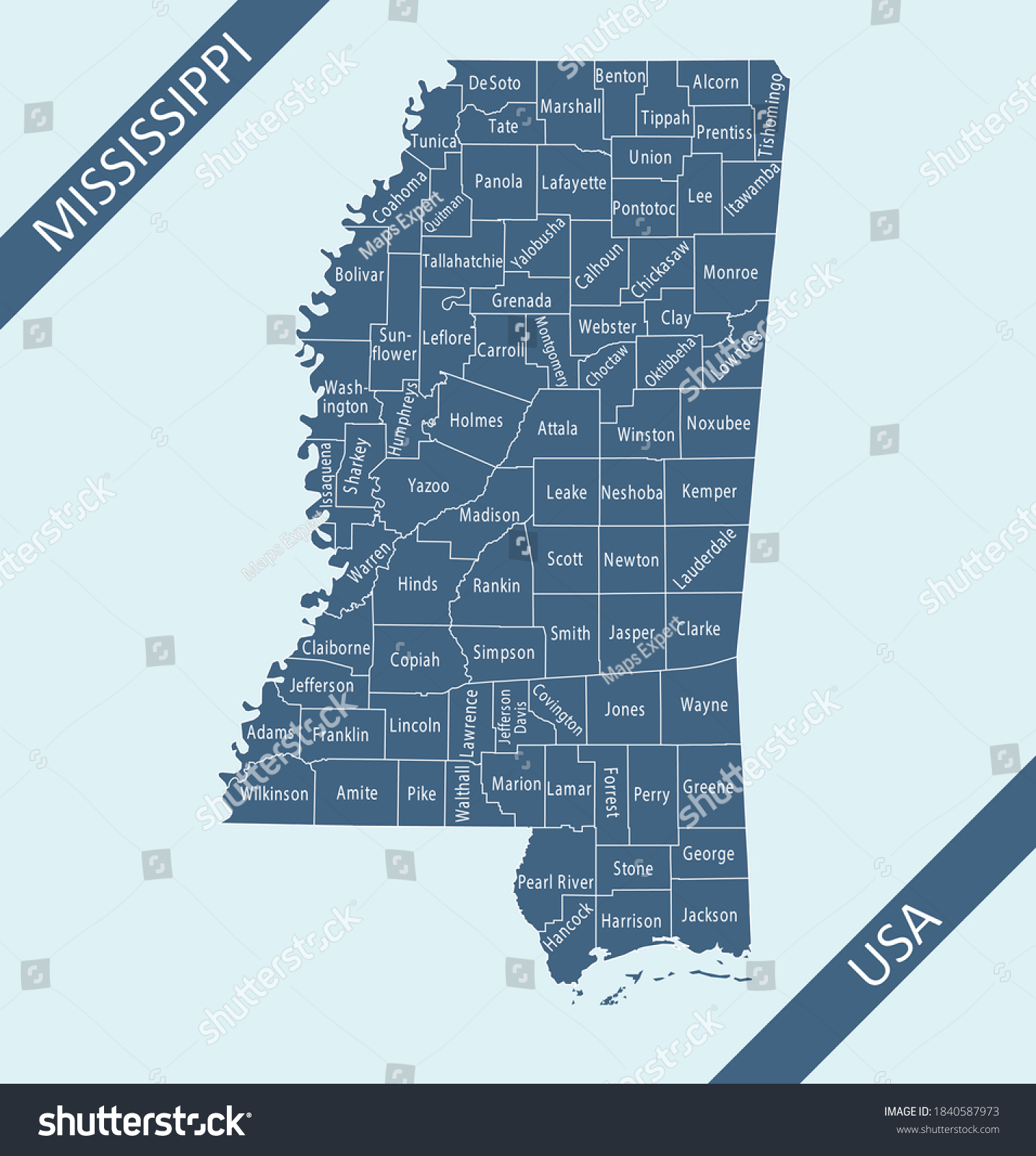 County Map Mississippi Labeled Stock Vector (royalty Free) 1840587973 