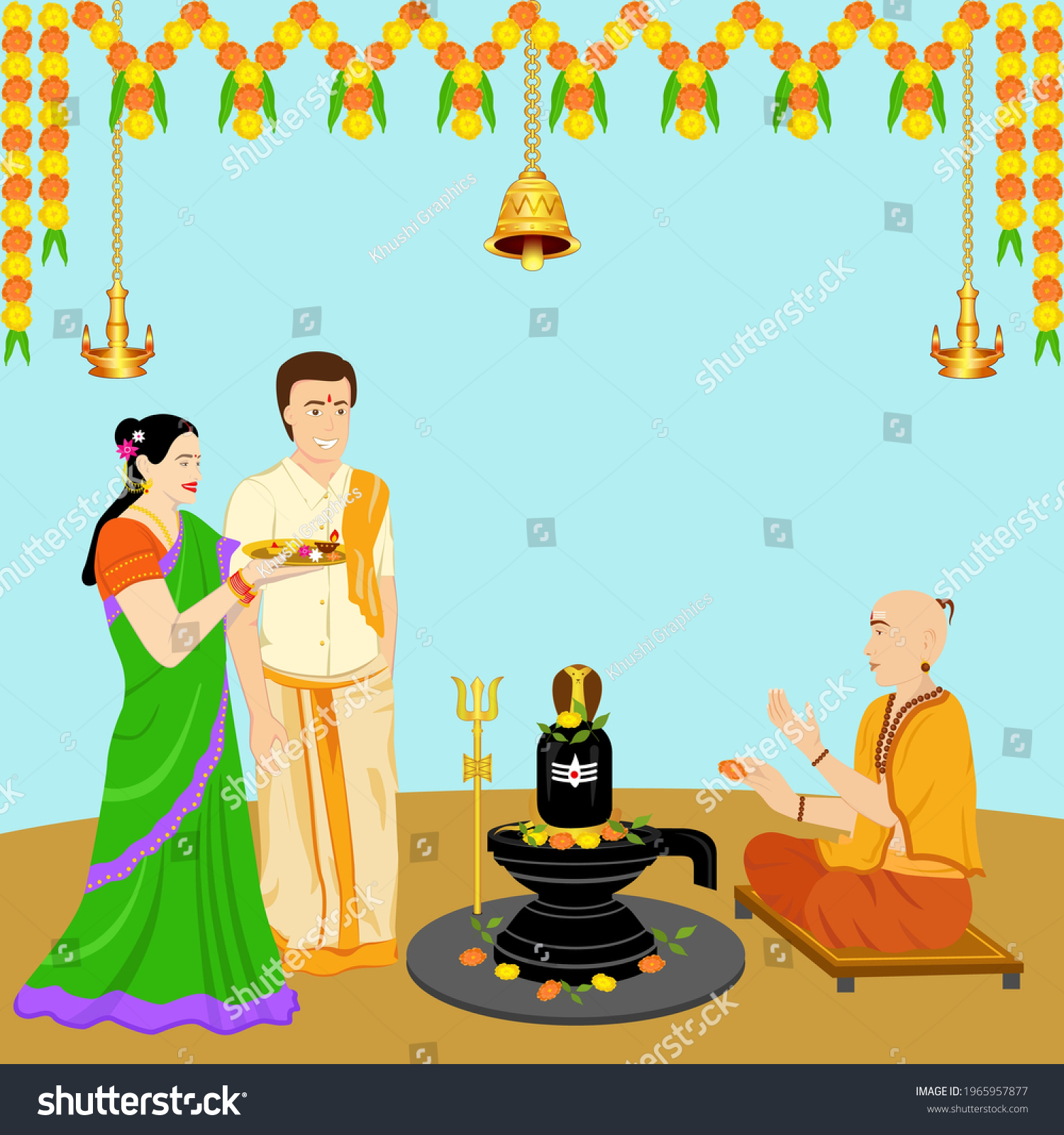 Couple Indian Priest Performing Rudra Abhishek Stock Vector (Royalty ...