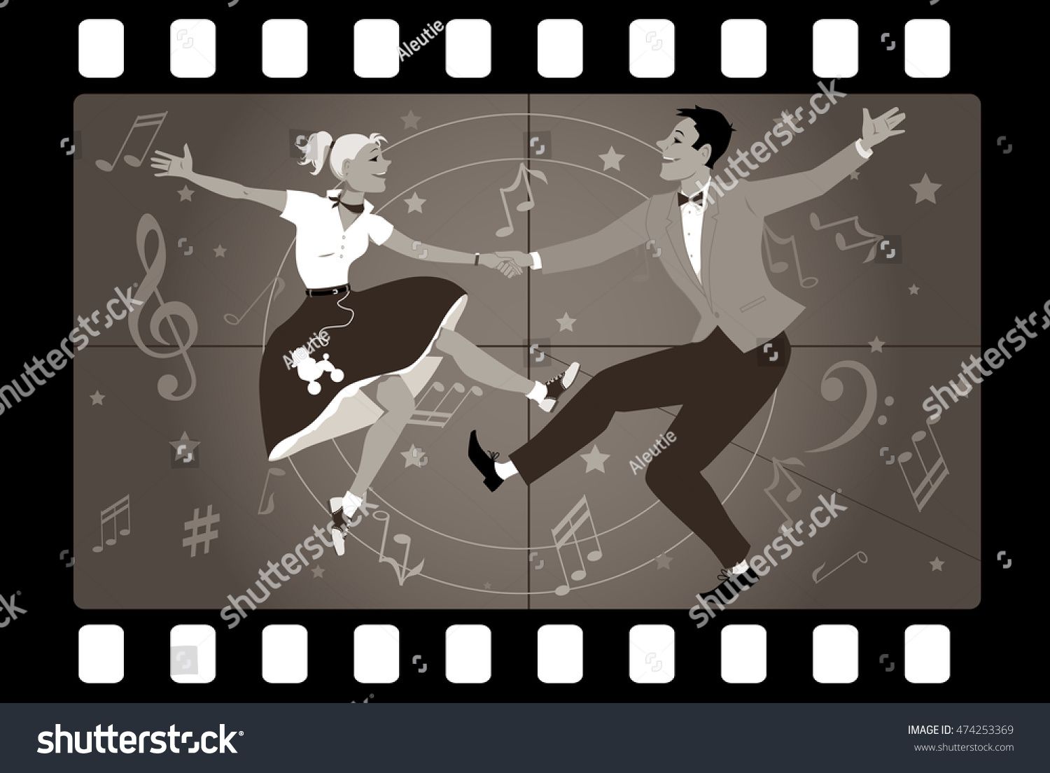 SVG of Couple dancing 1950s style rock and roll in an old movie frame, EPS 8 vector illustration svg