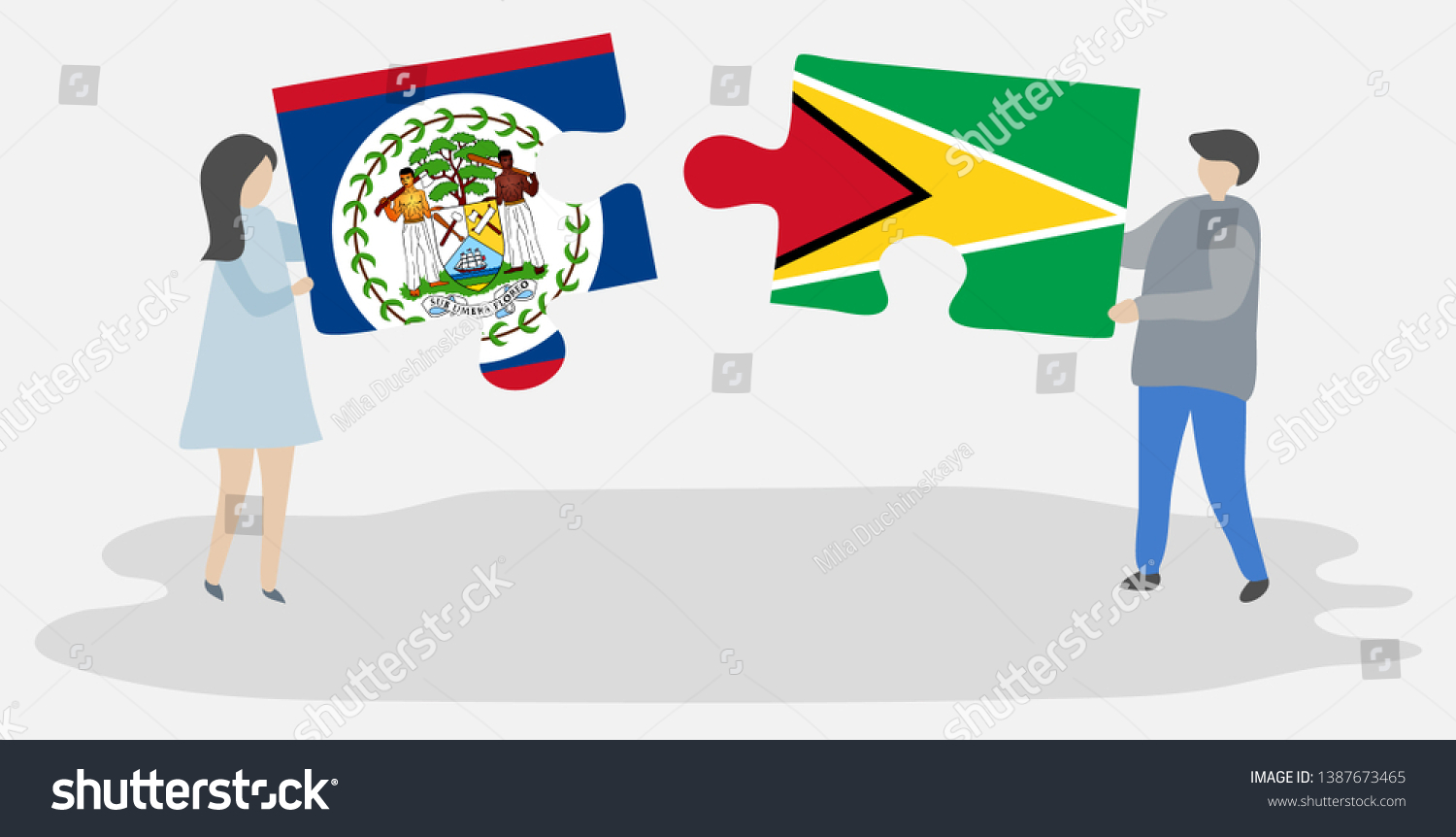 SVG of Couple holding two puzzles pieces with Belizean and Guyanese flags. Belize and Guyana national symbols together. svg