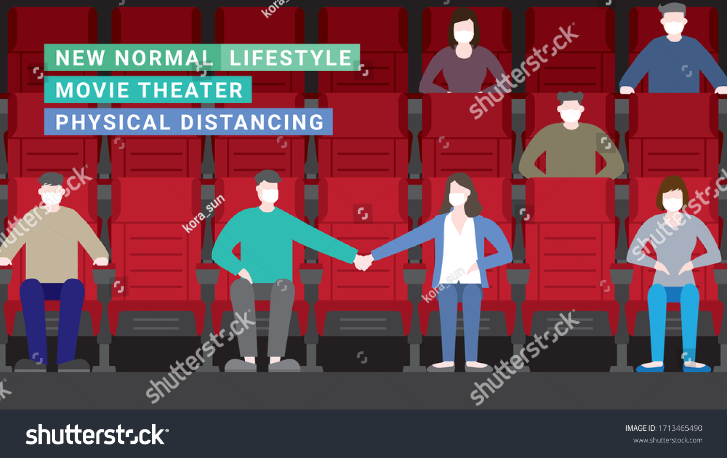 SVG of Couple in movie theater lifestyle after pandemic covid-19 corona virus. New normal is social distancing and wearing mask. Flat design style vector concept svg