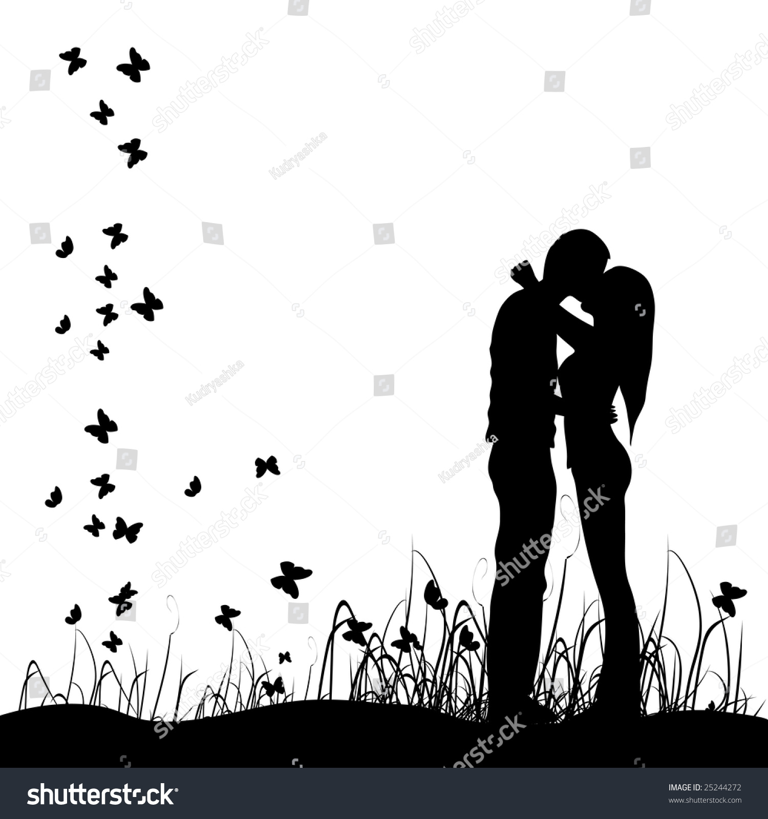 Download Couple Kisses On Meadow Black Silhouette Stock Vector ...