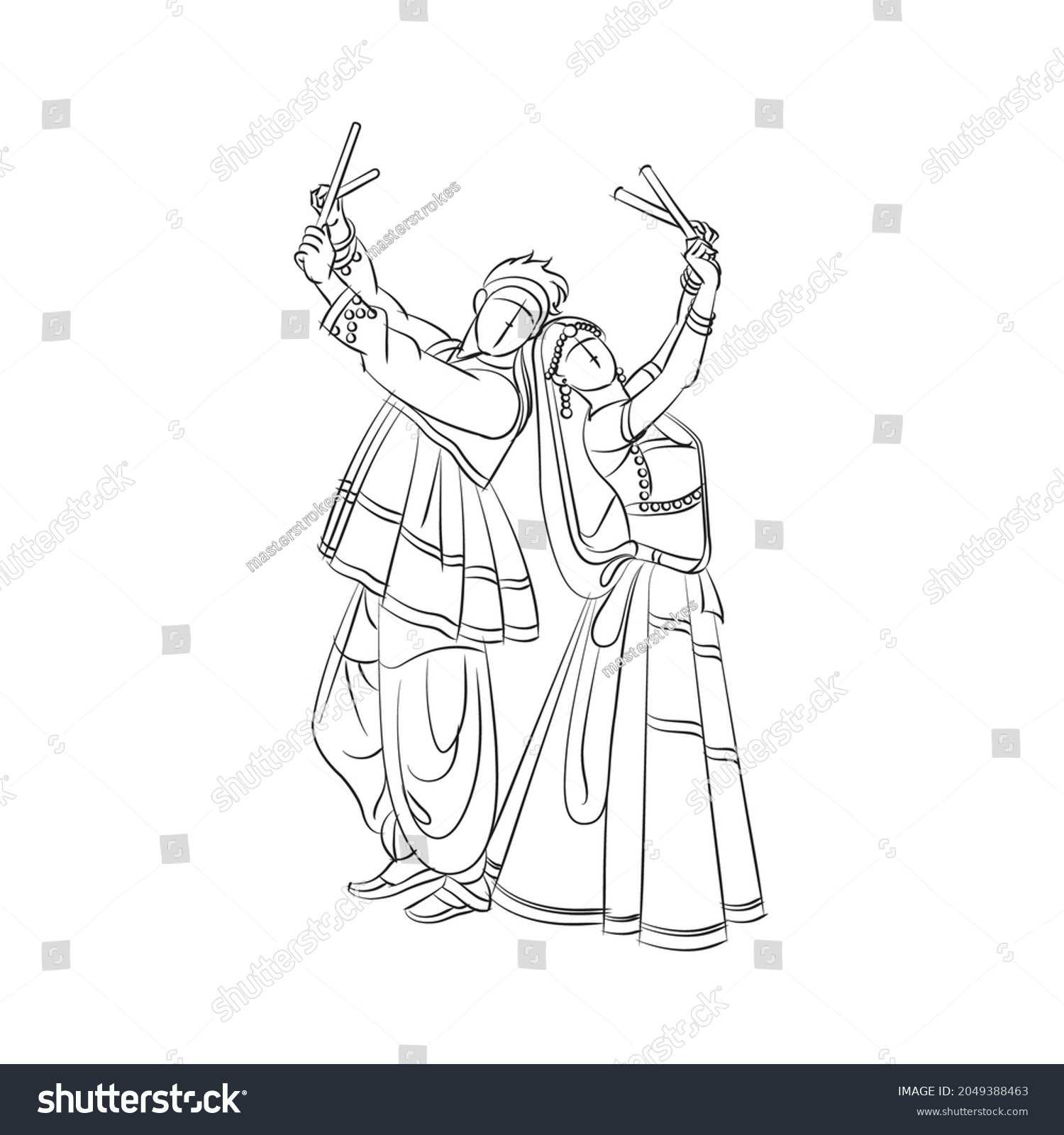 SVG of couple playing dandiya and garba during navratri and durga puja black and white illustration svg