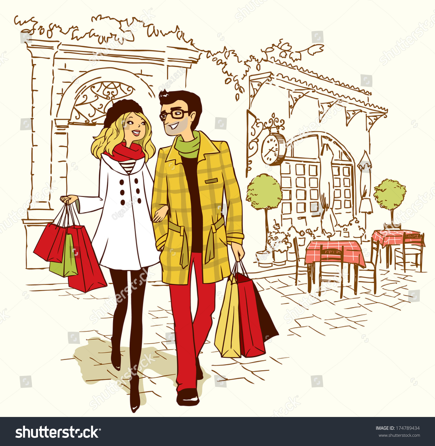 Couple Walking By Cafe Stock Vector Illustration 174789434 : Shutterstock