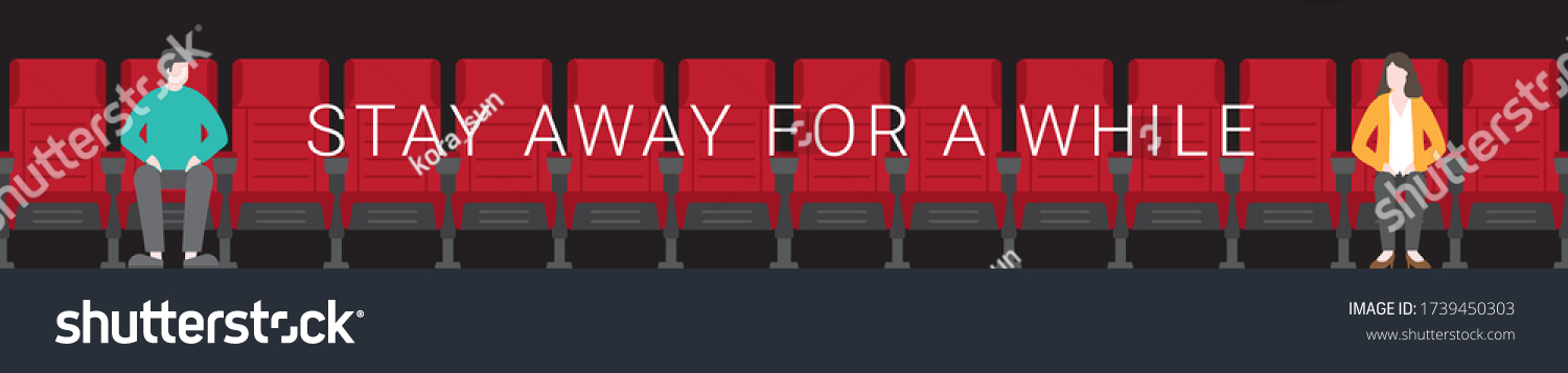 SVG of Couple watching movie in theater. New normal is stay away and keeping social distance for a while. After pandemic of covid-19 corona virus. Banner design flat and minimal style. svg