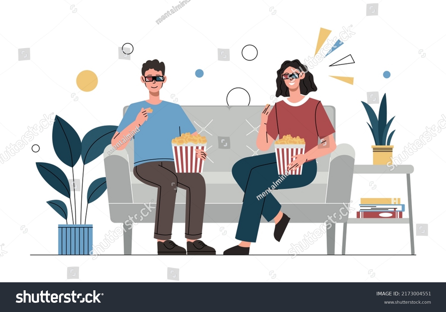 SVG of Couple watching movie. Man and woman in 3d glasses sitting comfortably on couch. Happy family resting after working day, watching TV, movie or series in evening. Cartoon flat vector illustration svg