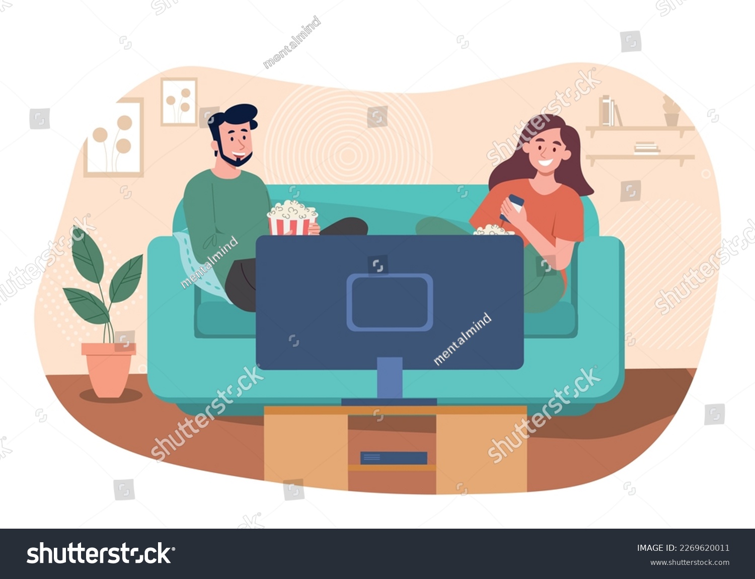 SVG of Couple watching movies. Man and woman sit on sofa and watch TV. Movies and series, joint rest after work. Young girl and guy with popcorn at home near television. Cartoon flat vector illustration svg