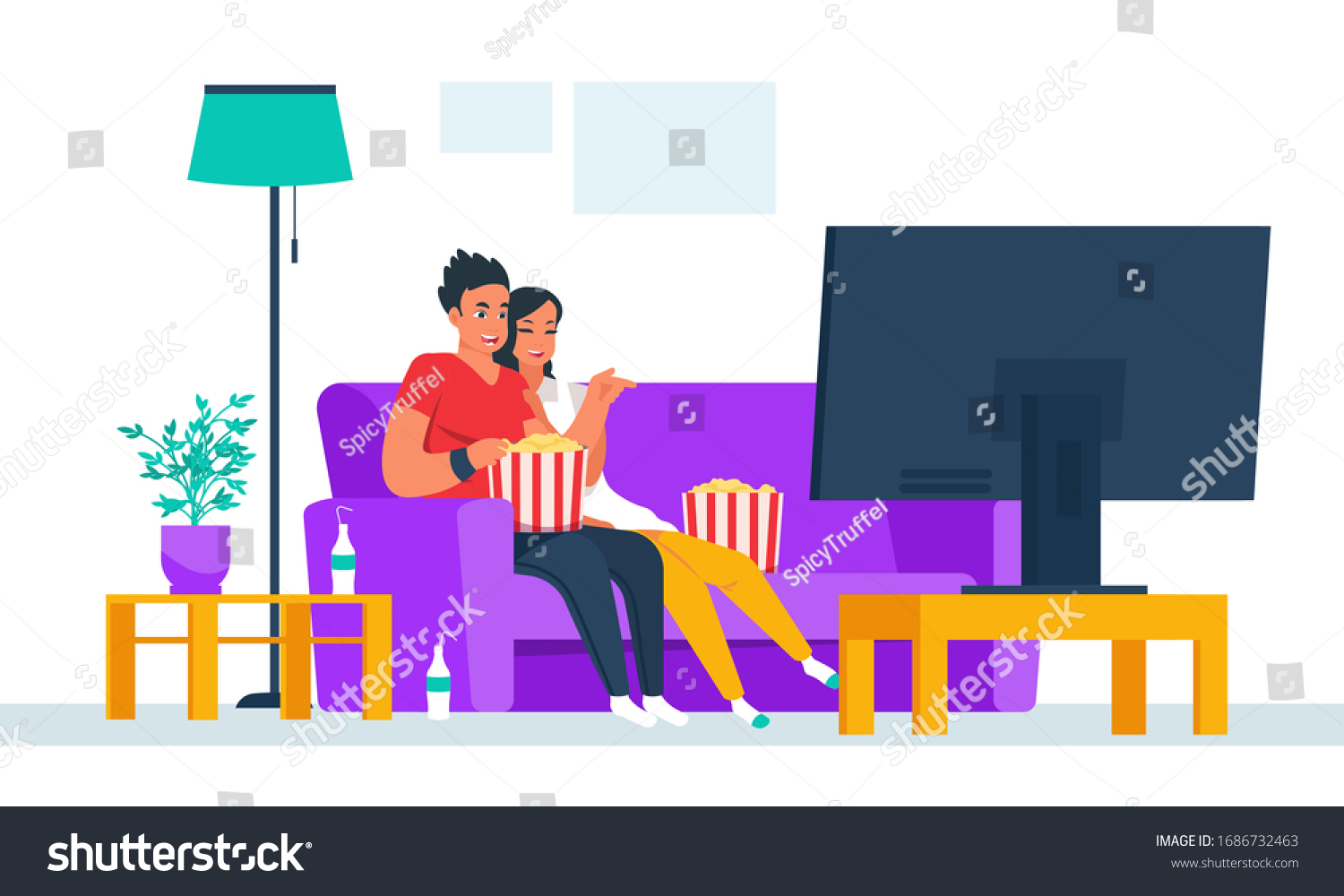 Couple Watching Tv Cartoon Boy Girl Stock Vector (royalty Free 