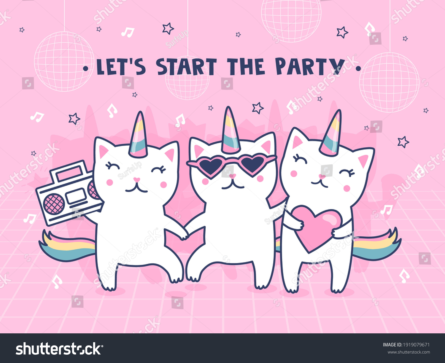 SVG of Cover design with unicorn cats. Cute dancing baby caticorns with rainbow tails vector illustrations with text on pink backgrounds. Party and fun concept for poster, website or webpage background svg