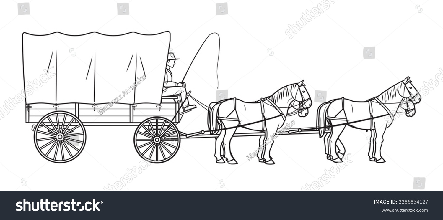 SVG of Covered settlers wagon with four horses - vector stock illustration. svg