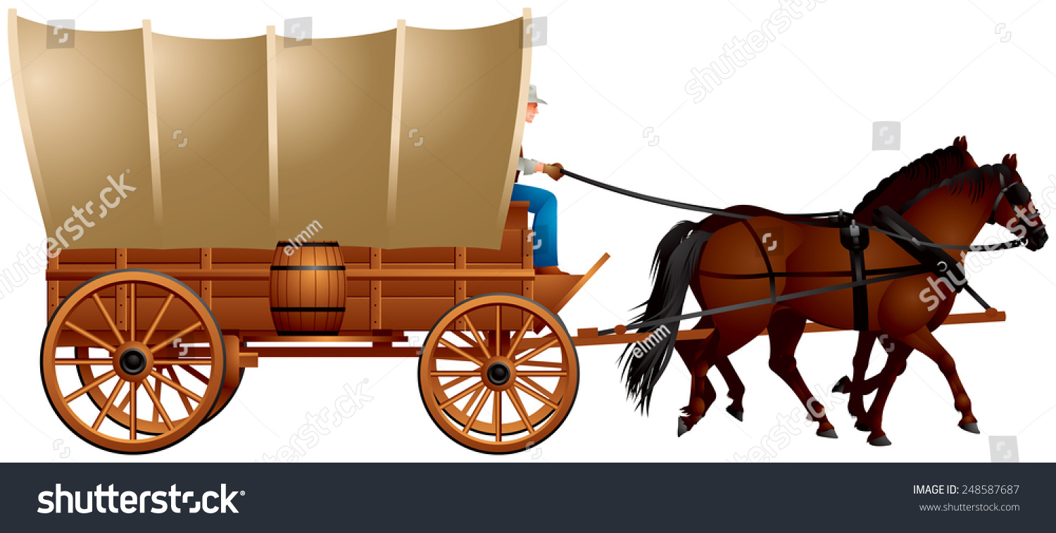 SVG of Covered Wagon, horse-drawn Western Wagon Train with the coach and two horses realistic vector illustration svg