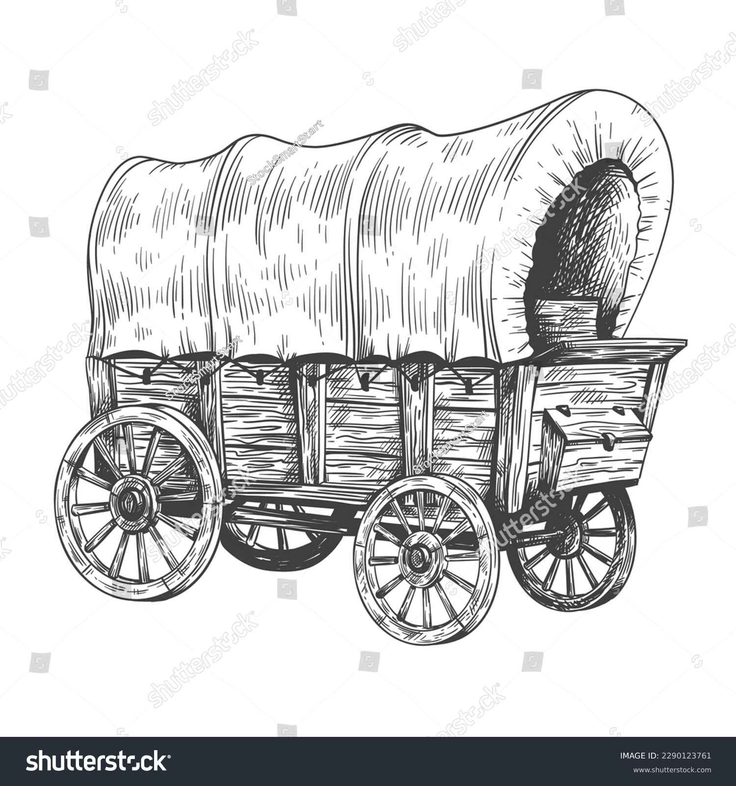 SVG of Covered wagon sketch. Old trip carriage, vintage horse vehicles drawing, wooden farming tent cart traditional western trravel cowboy pioneer vehicle vector illustration of carriage or wagon sketch svg