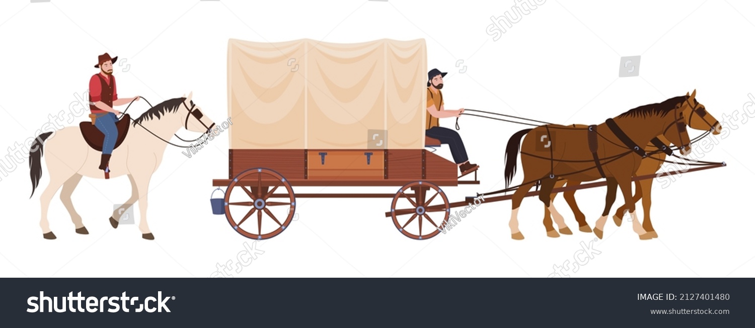 SVG of Covered wagon with horses and male riders vector flat illustration. Traditional Wild West passenger and freight transportation isolated. Historical rustic Western vehicle carriage for travel movement svg