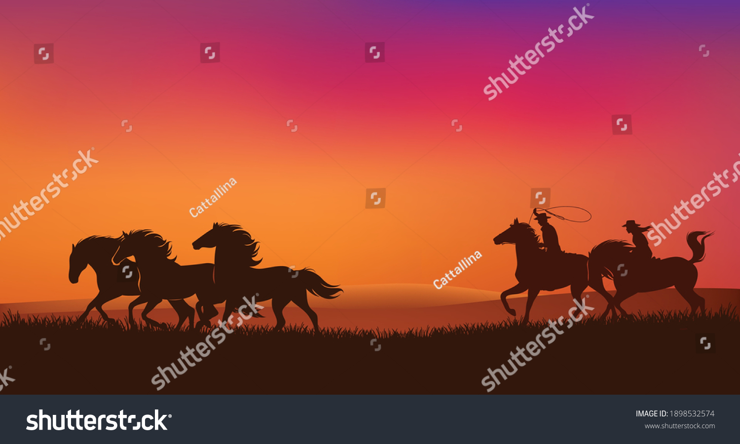 SVG of cowboy and cowgirl riders chasing mustang horses herd and throwing lasso - romantic wild west sunset landscape scene vector silhouette design svg