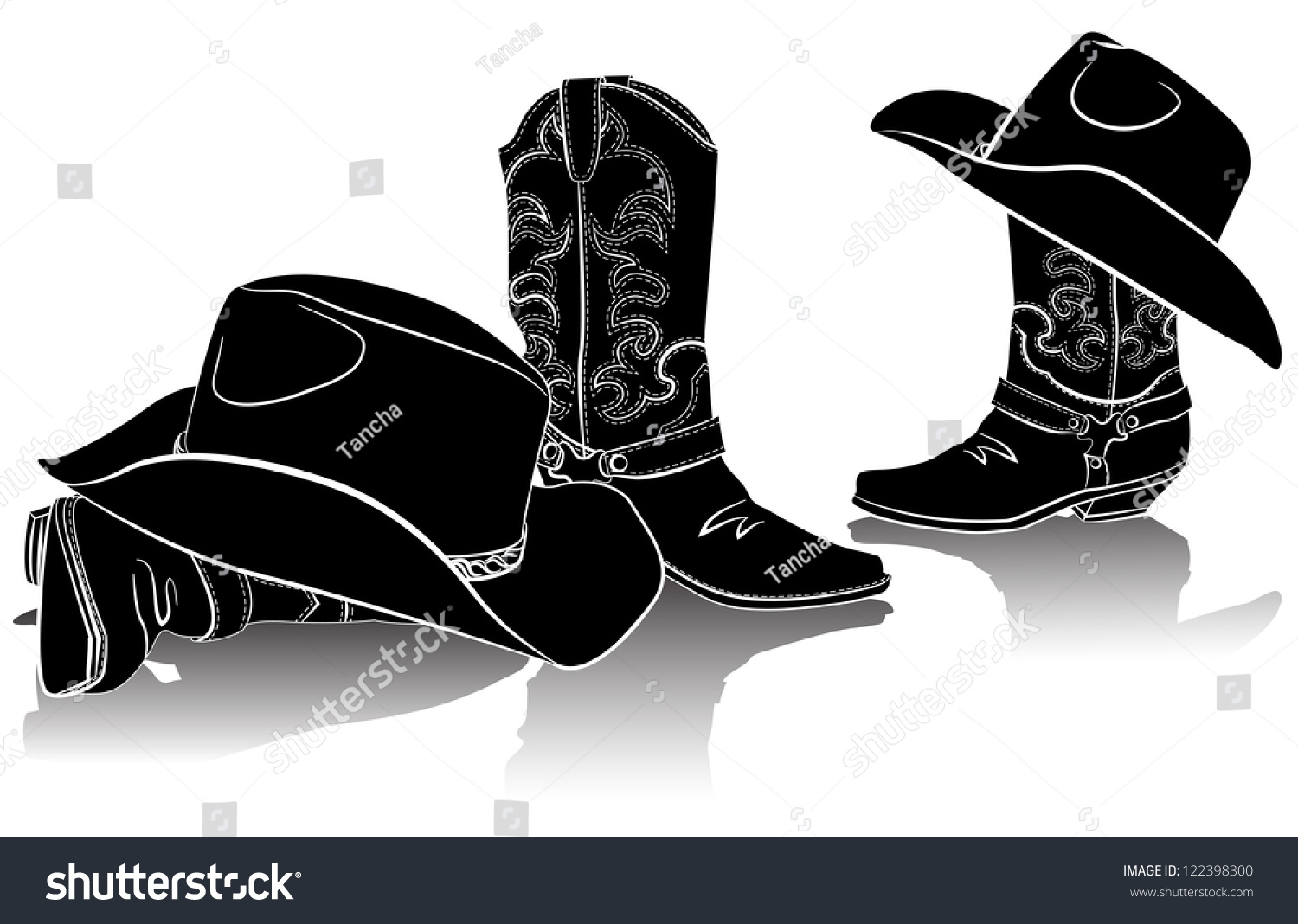 Cowboy Boots And Western Hats.Black Graphic Image On White Stock Vector ...