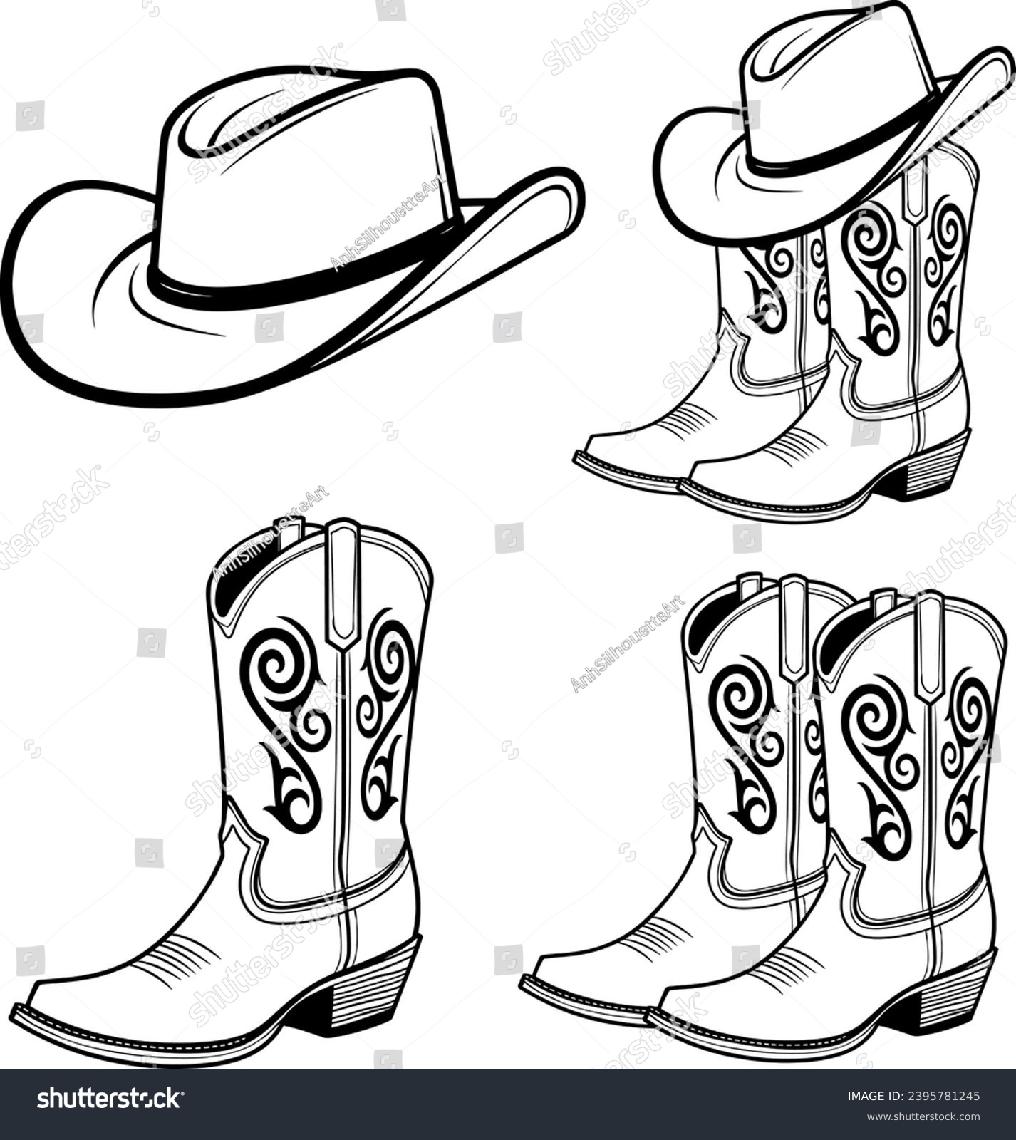 SVG of Cowboy Boots Bundle, Cowboy Boots Hand-Drawn, Cowboy, Cowboy Hat, Western Boots, Boots Silhouette, Rodeo, Ranch, cowgirl boot, wild west, western shoes svg