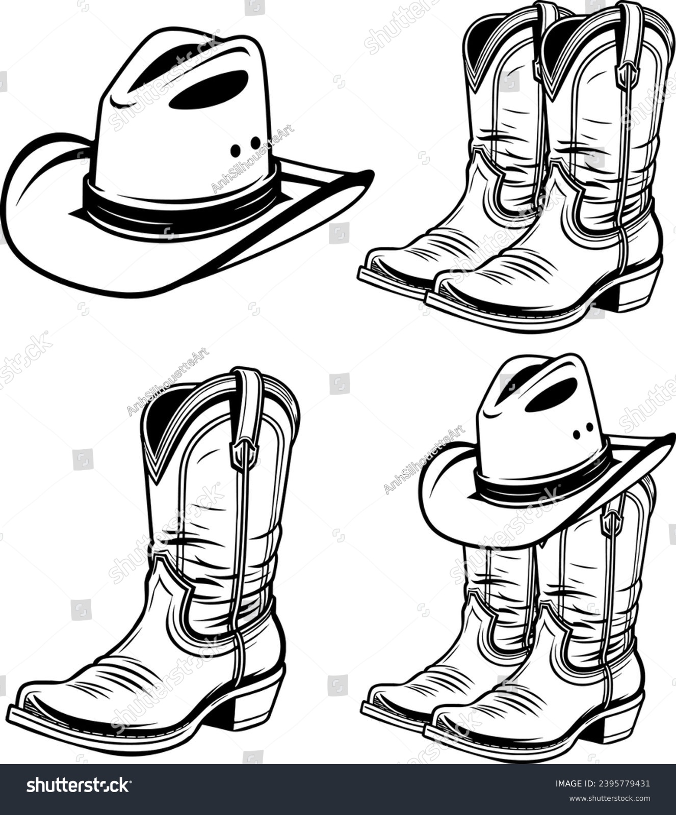 SVG of Cowboy Boots Bundle, Cowboy Boots Hand-Drawn, Cowboy Hat, Western Boots, Boots Silhouette, Rodeo, Ranch  svg