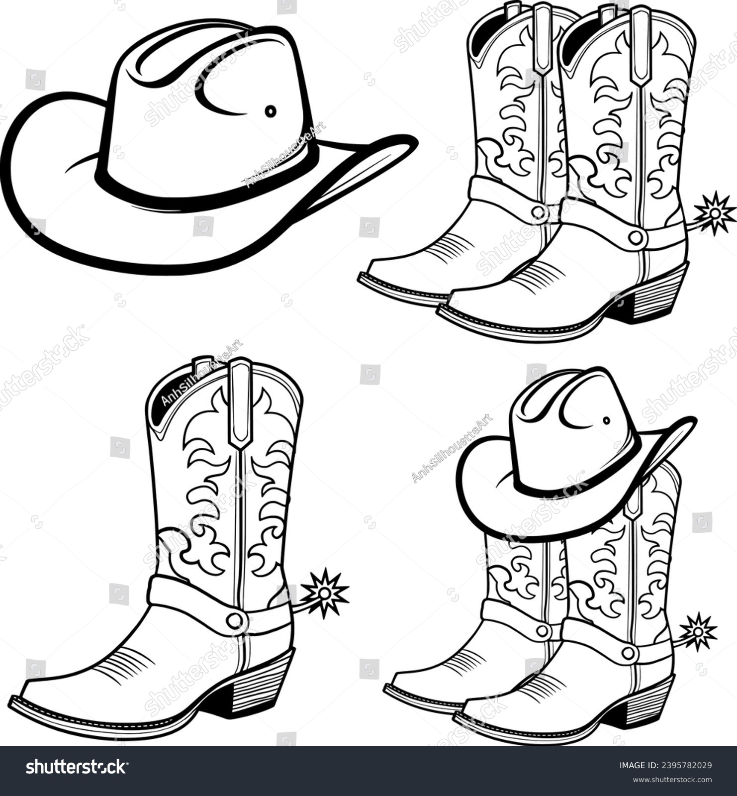 SVG of Cowboy Boots Bundle, Cowboy Boots Hand-Drawn, Cowboy Hat, Western Boots, Boots Silhouette, Rodeo, Ranch, Cowboy Hat, cowgirl boot svg