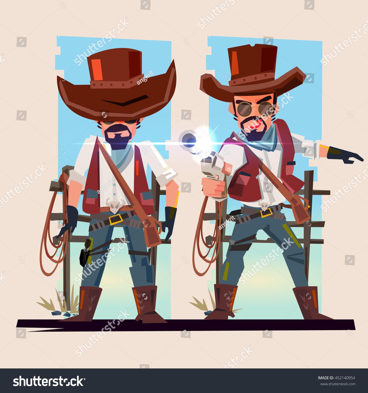 Cowboy Character Design On Two Poses. Shooting Concept Vector