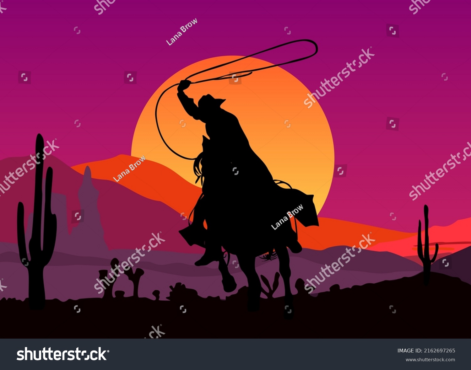 Cowboy Figure Silhouette Horse Lasso Sunset Stock Vector (royalty Free 