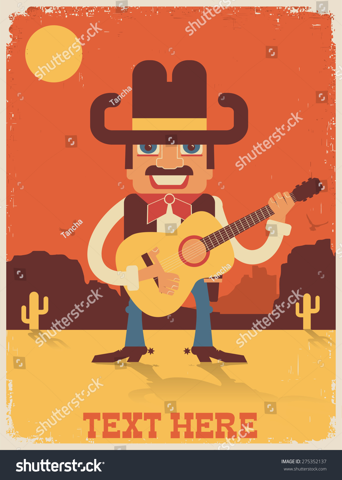 Cowboy Playing Guitar And Singing.Vector Country Music Poster ...