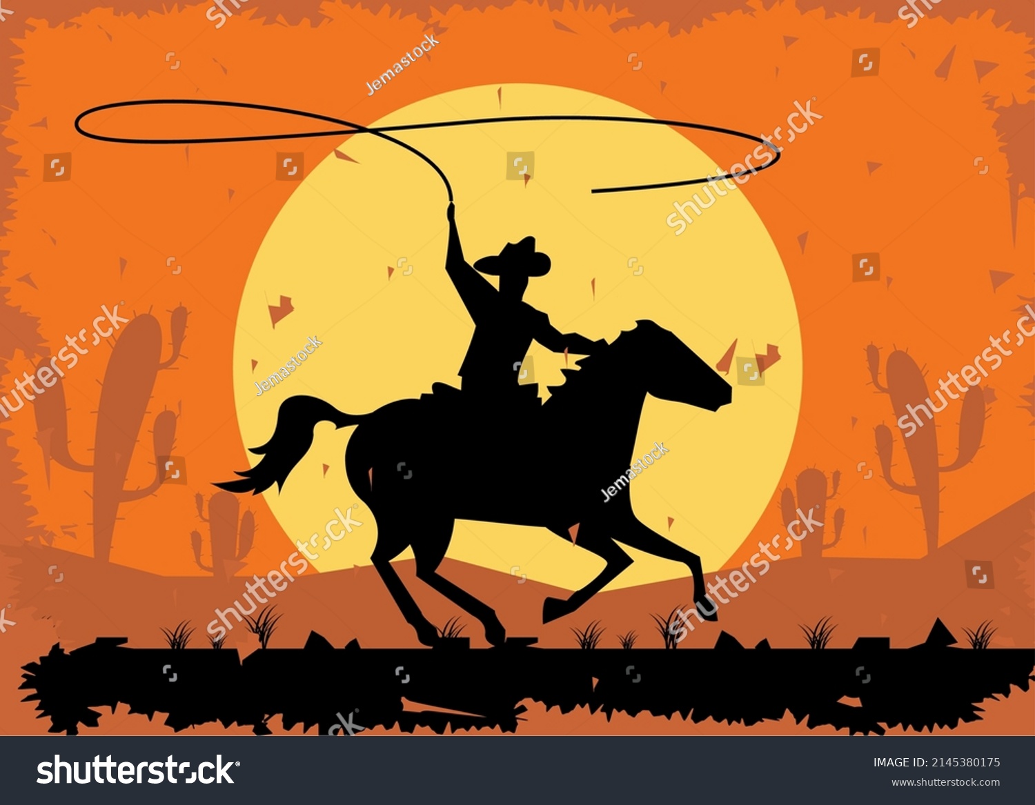 Cowboy Running Horse Landscape Scene Stock Vector (Royalty Free ...