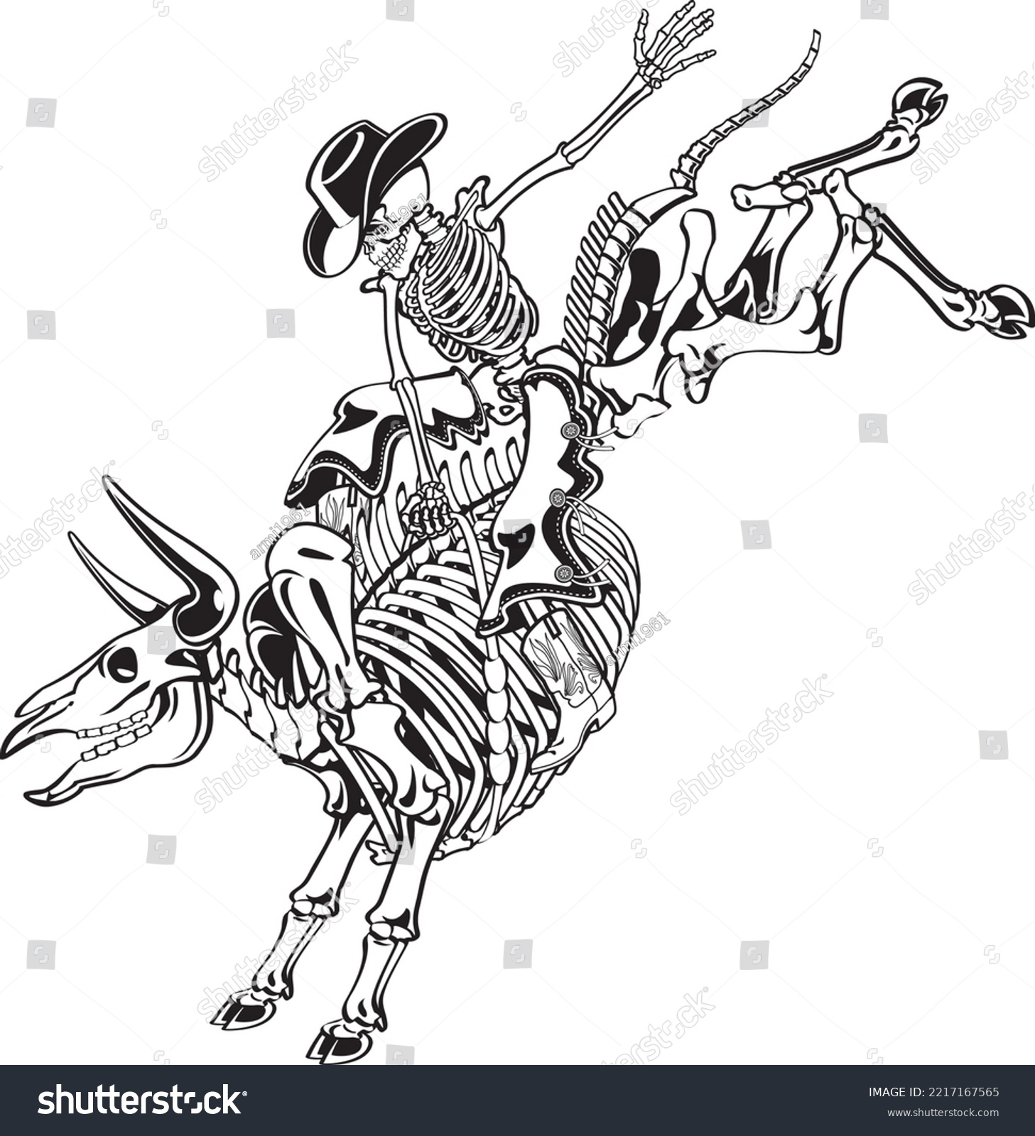 SVG of Cowboy Skeleton bull riding on a skeleton bull svg