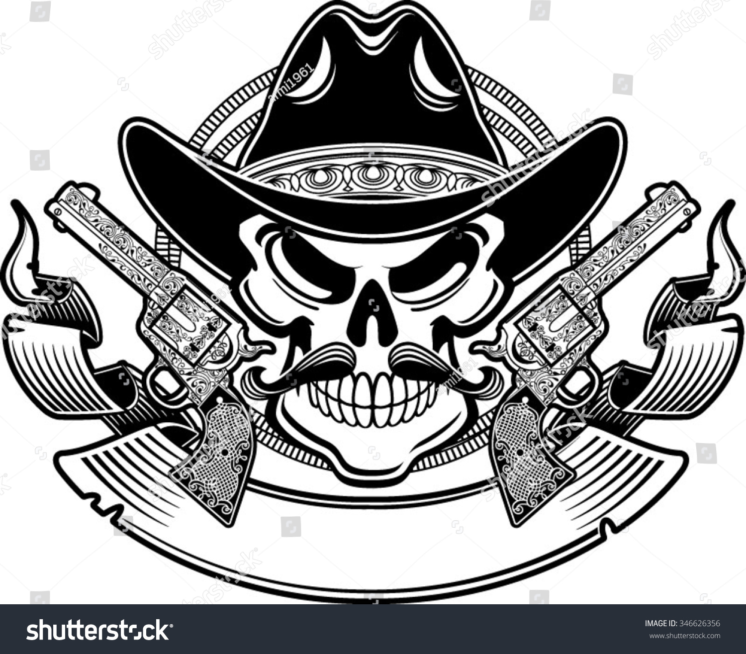 Cowboy Skull With Hat, Lasso, Guns And Banner Stock Vector Illustration ...