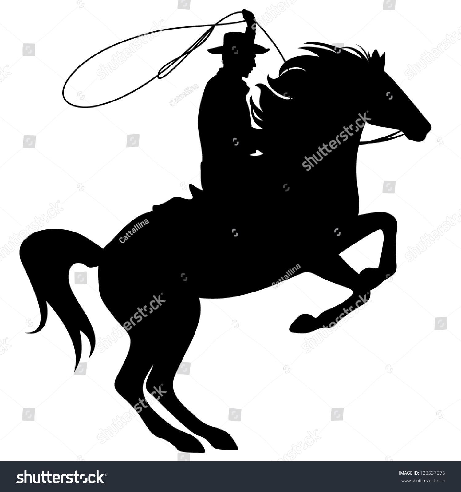 SVG of cowboy throwing lasso riding rearing up horse - black silhouette over white svg