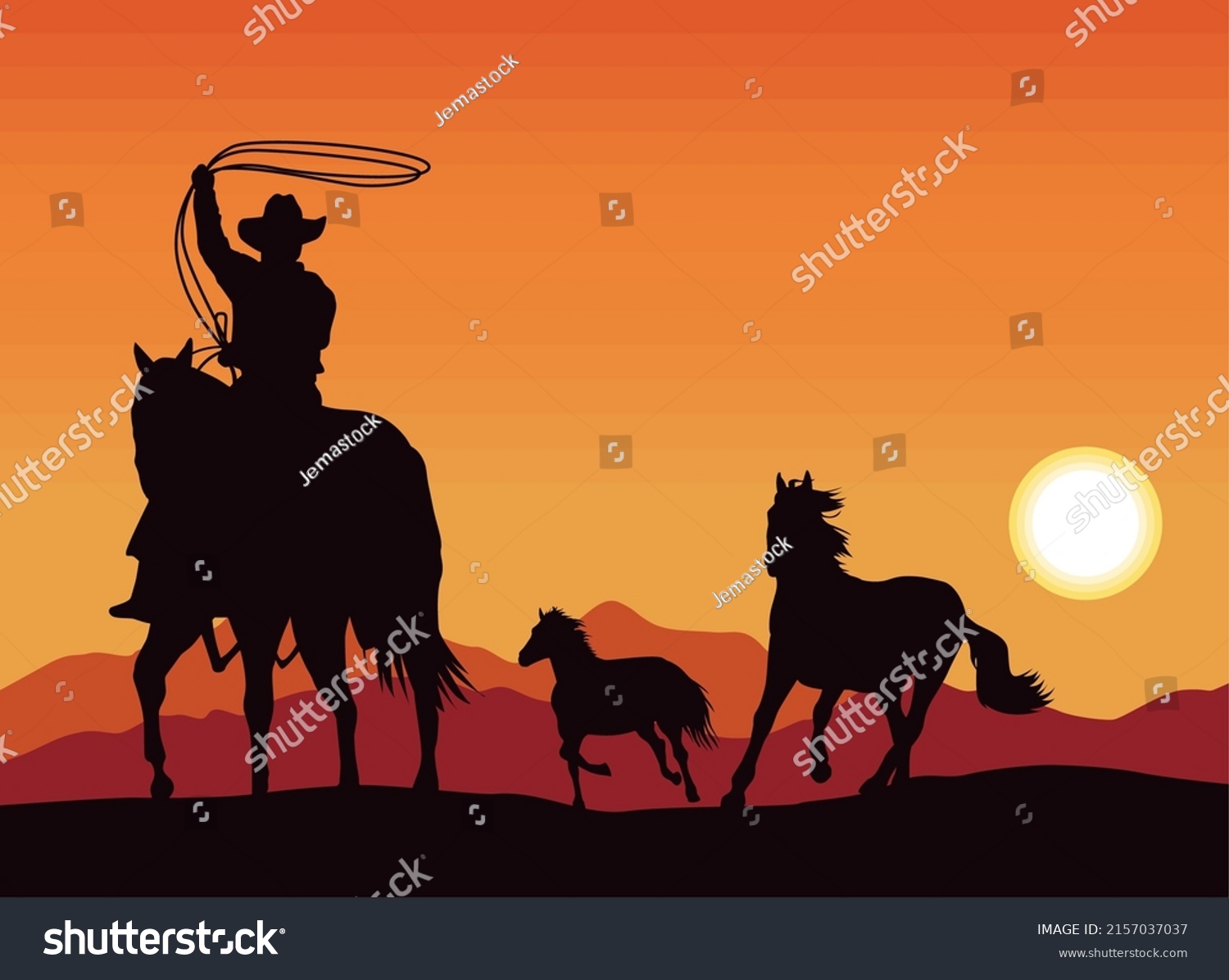 Cowboy Horses Silhouette Scene Stock Vector (Royalty Free) 2157037037 ...