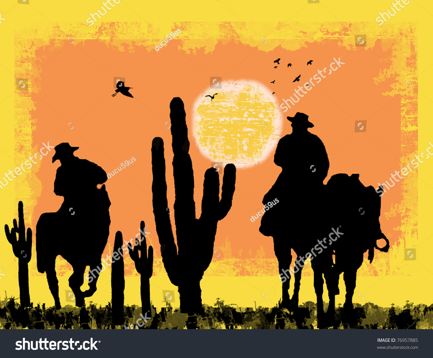 Cowboys Silhouette On Desert Against Grunge Stock Vector 76957885 ...