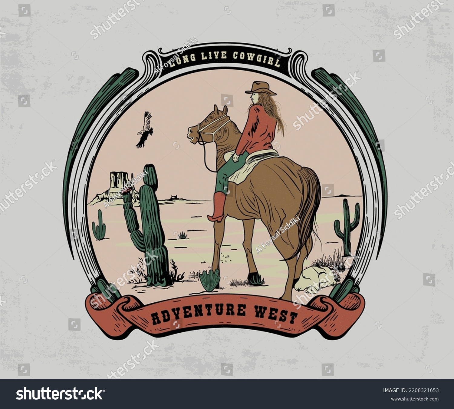 SVG of cowgirl riding horse vintage design for print svg