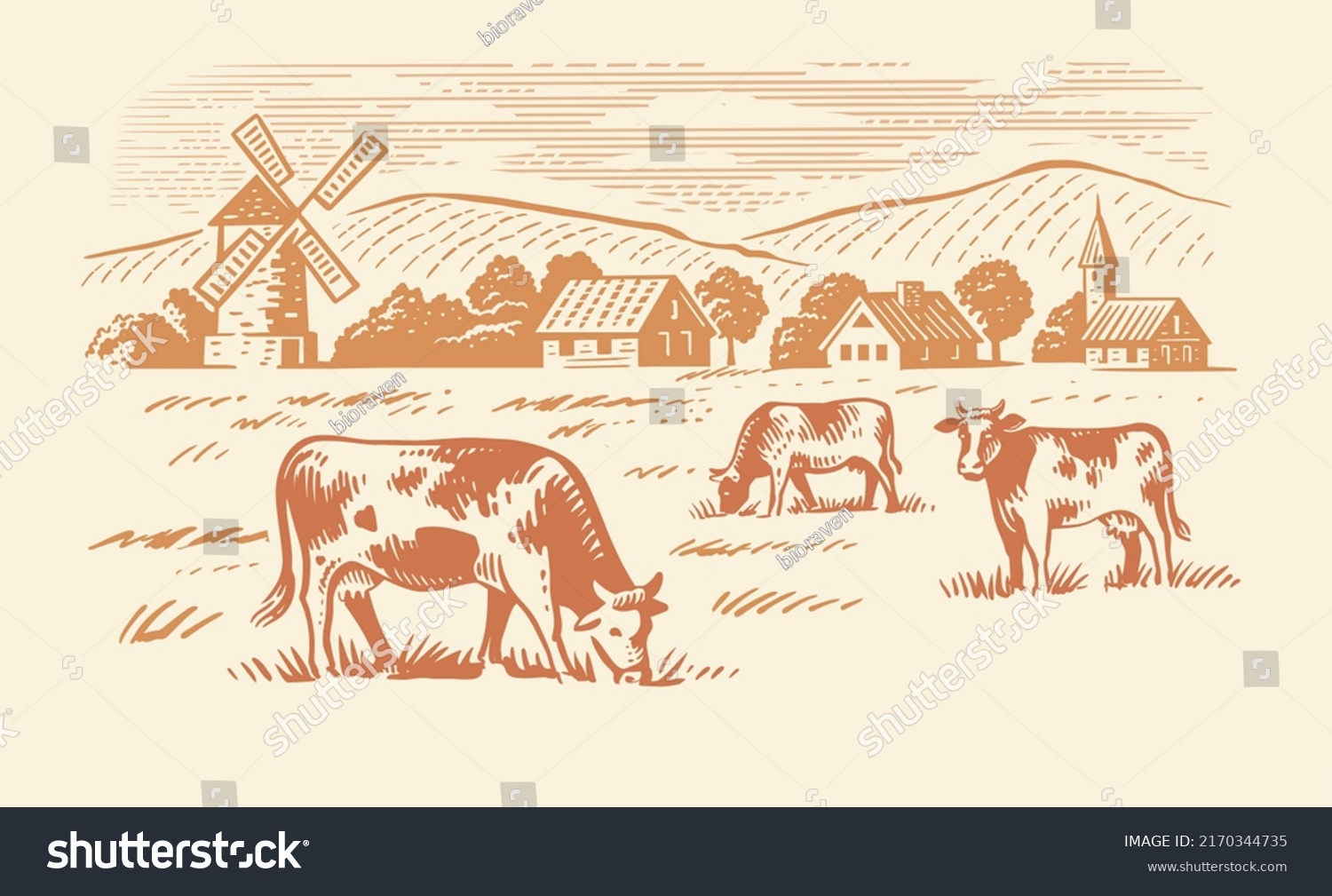 Cows Grazing On Meadow Hand Drawn Stock Vector (Royalty Free ...