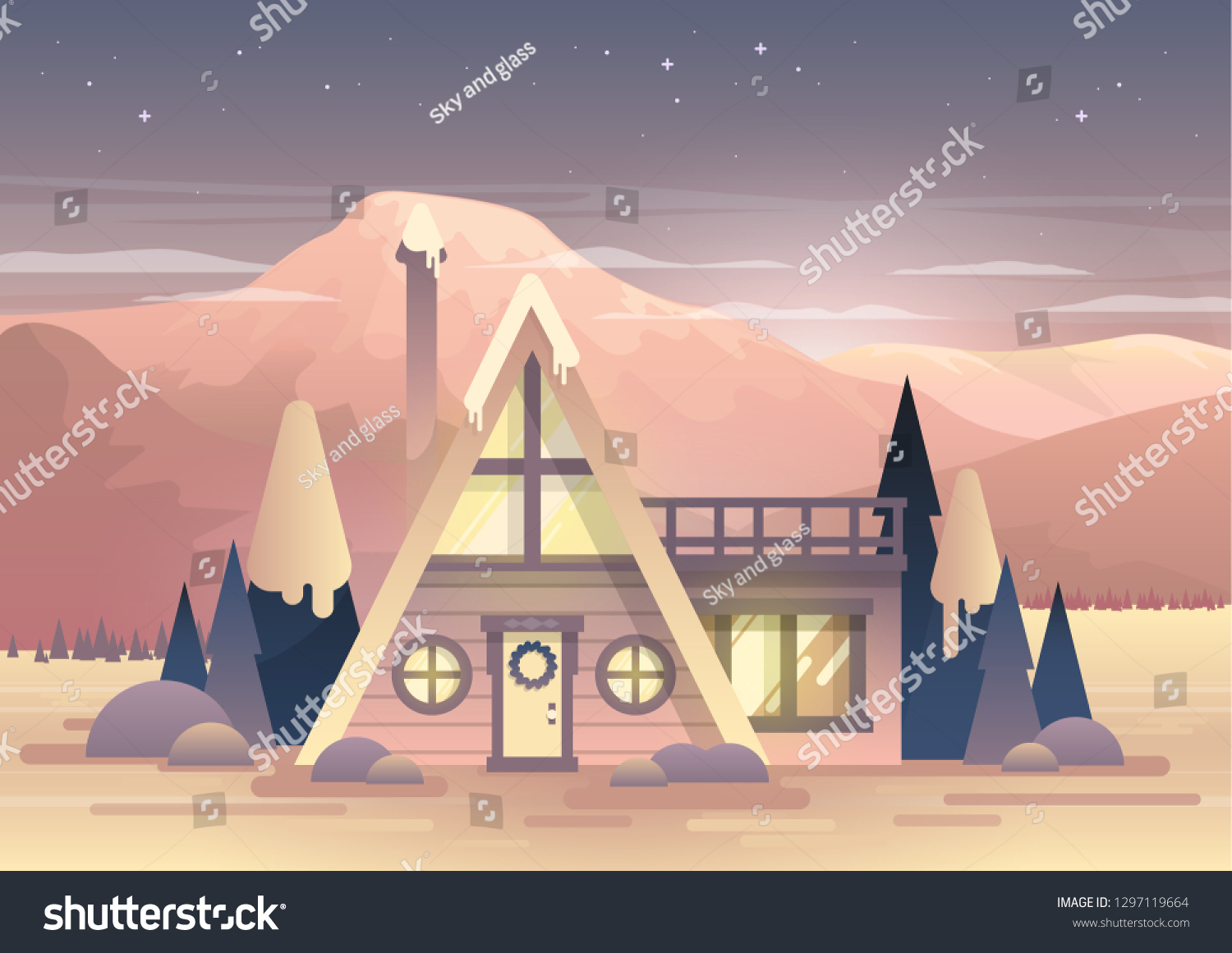 Cozy Cabin Winter House Lake Mountains Stock Vector Royalty Free